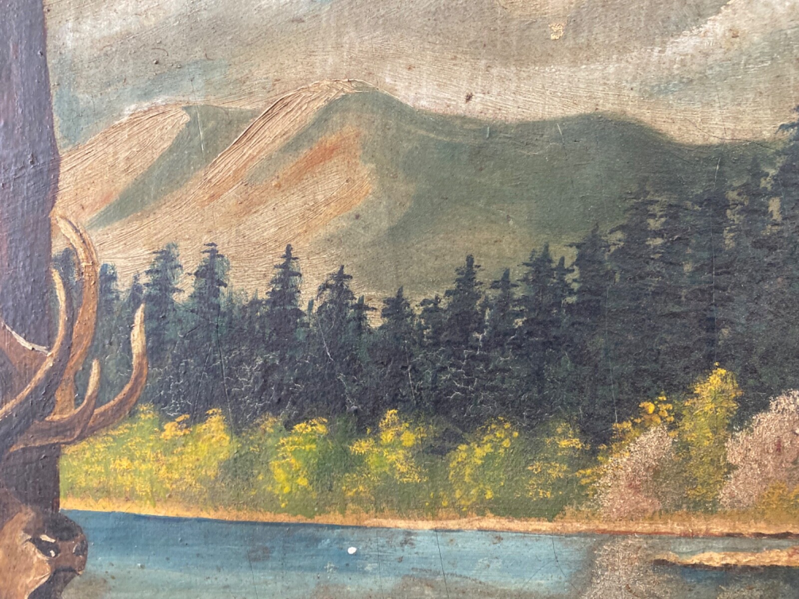 🔥 Antique Old Primitive American Folk Art Forest Elk Landscape Oil Painting ’26