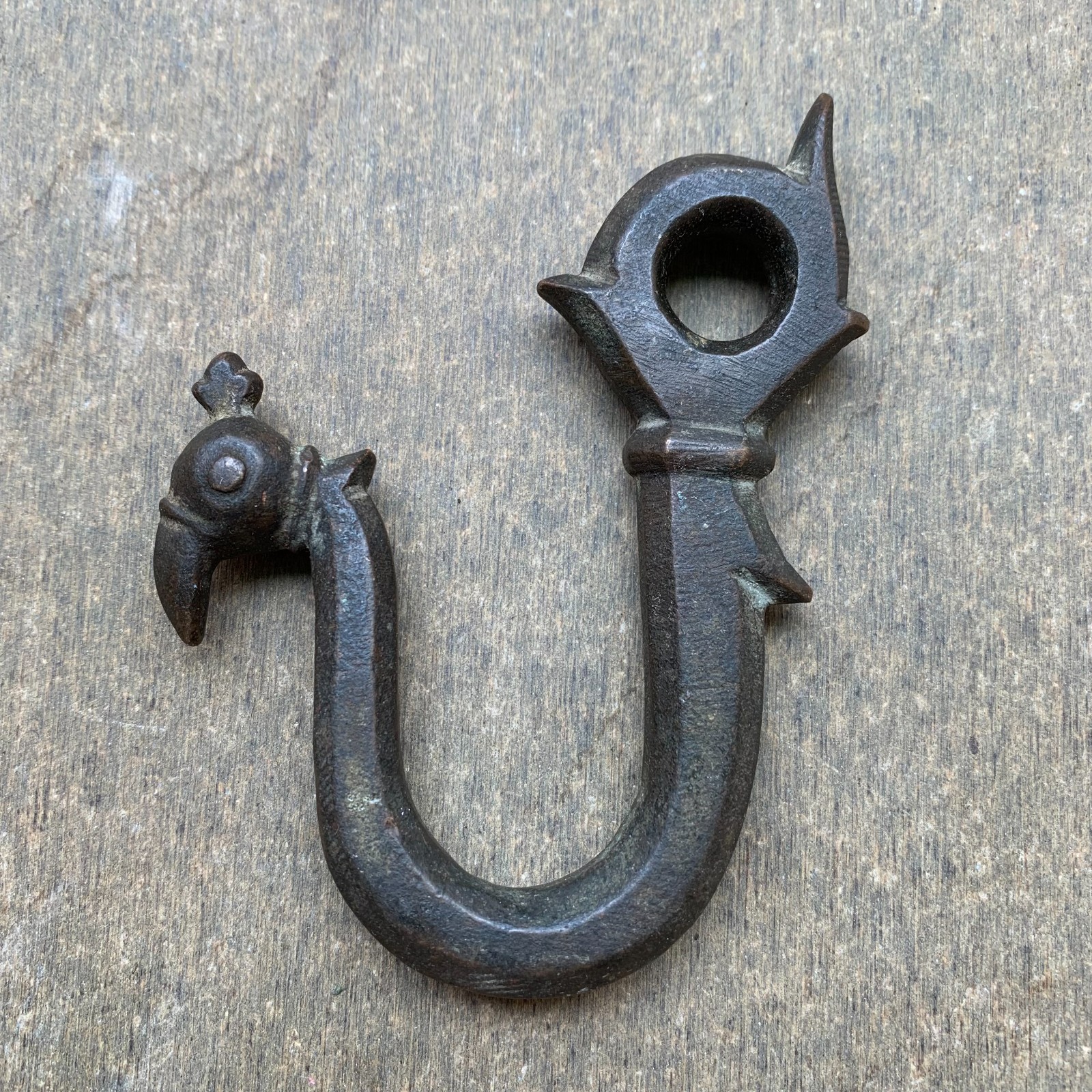 Antique Handcrafted Brass Hook / Harness Fitting Primitive peacock-head terminal