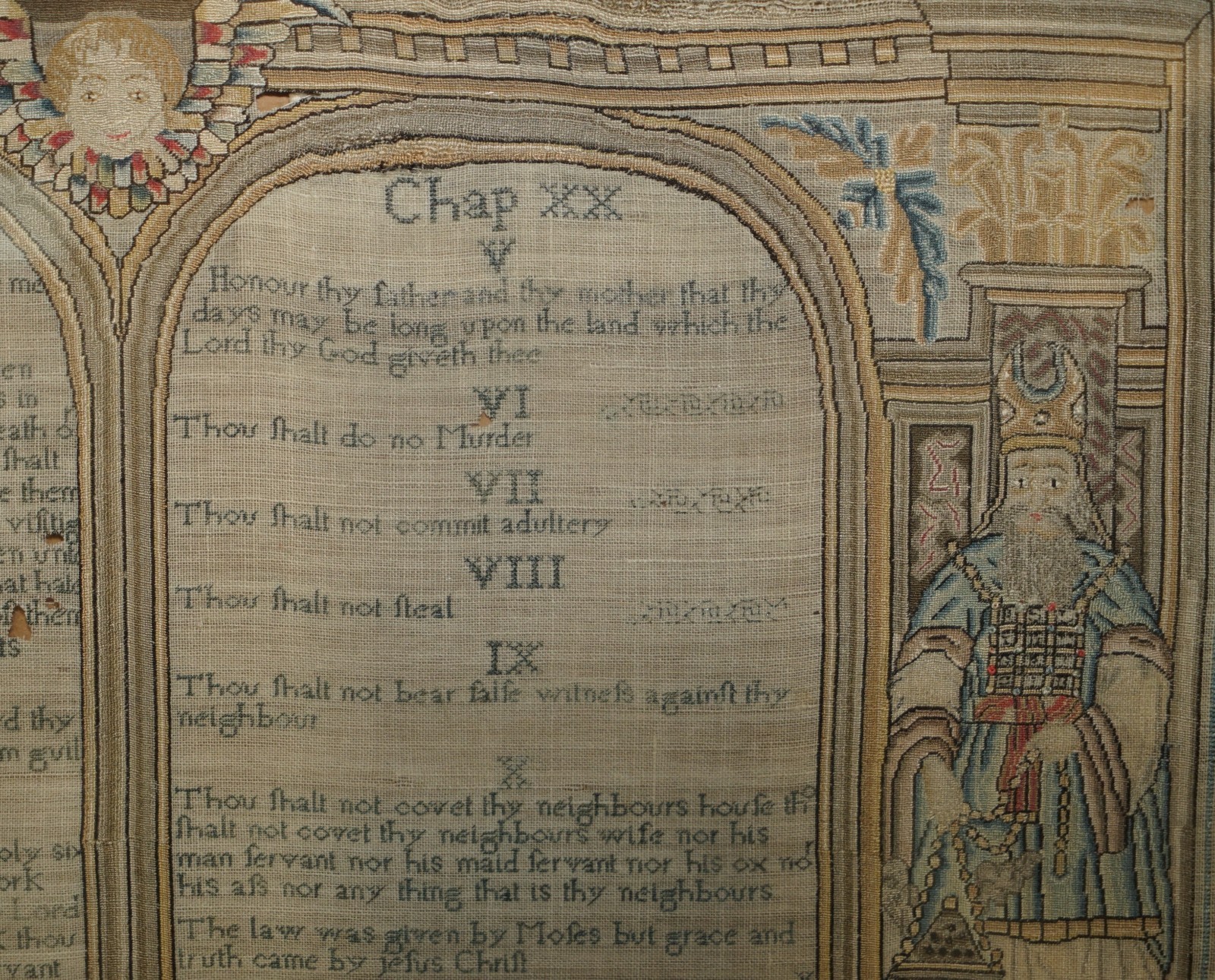 IMPORTANT ANTIQUE 10 COMMANDMENTS GEORGE I 1727 NEEDLEWORK SAMPLER MARY FARRAN
