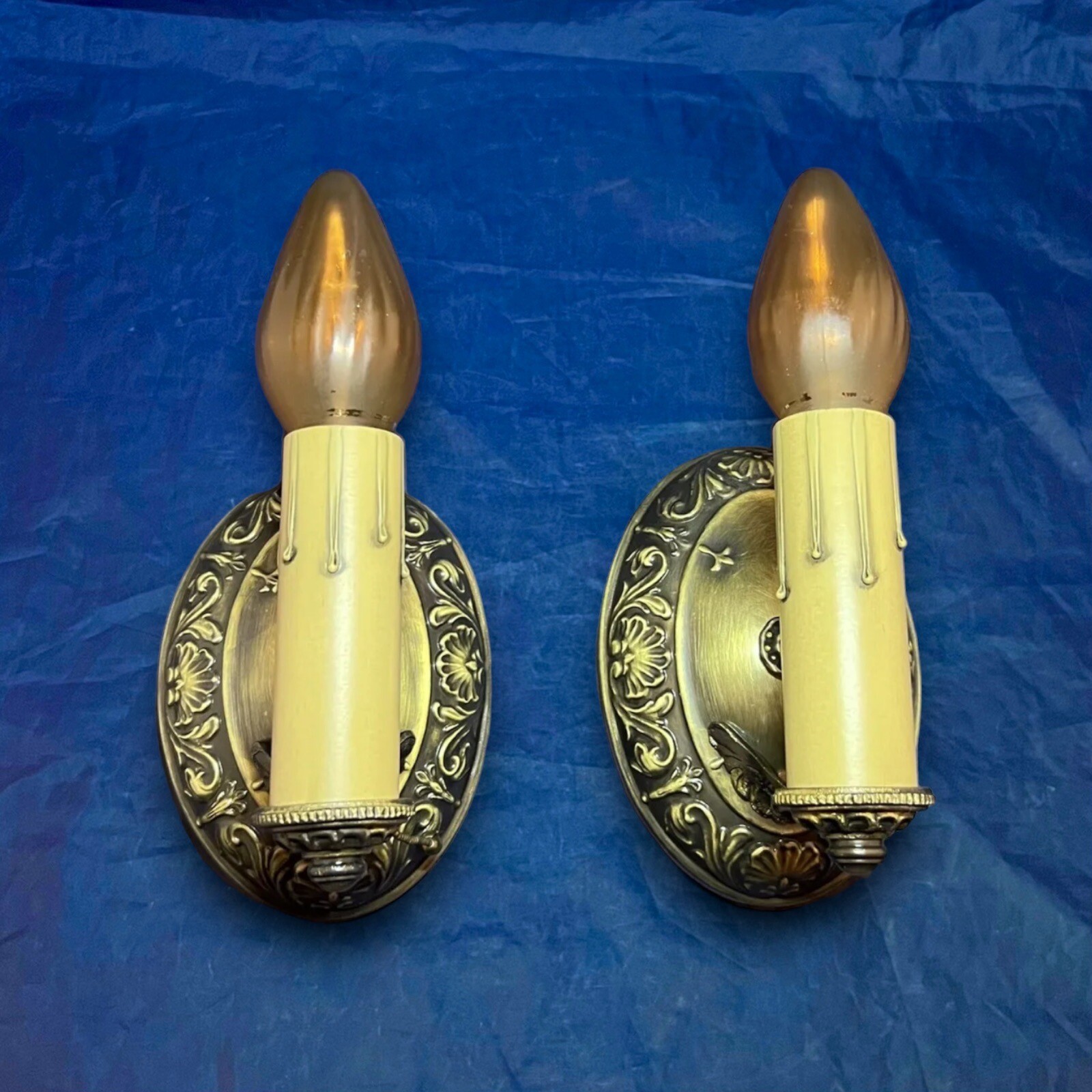 Antique Brass Pair Candle Wall Sconces Rewired Fixtures 40C