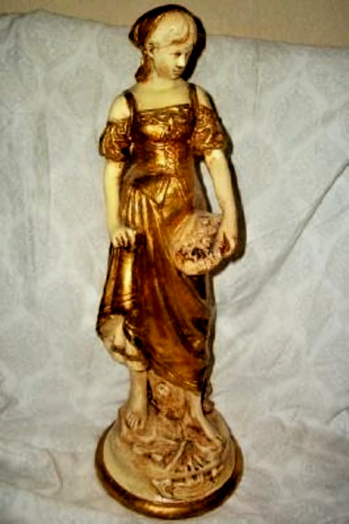 Vintage French Peasant Lady Statue Plaster Gilt Creamy Antiqued Chalkware Maiden