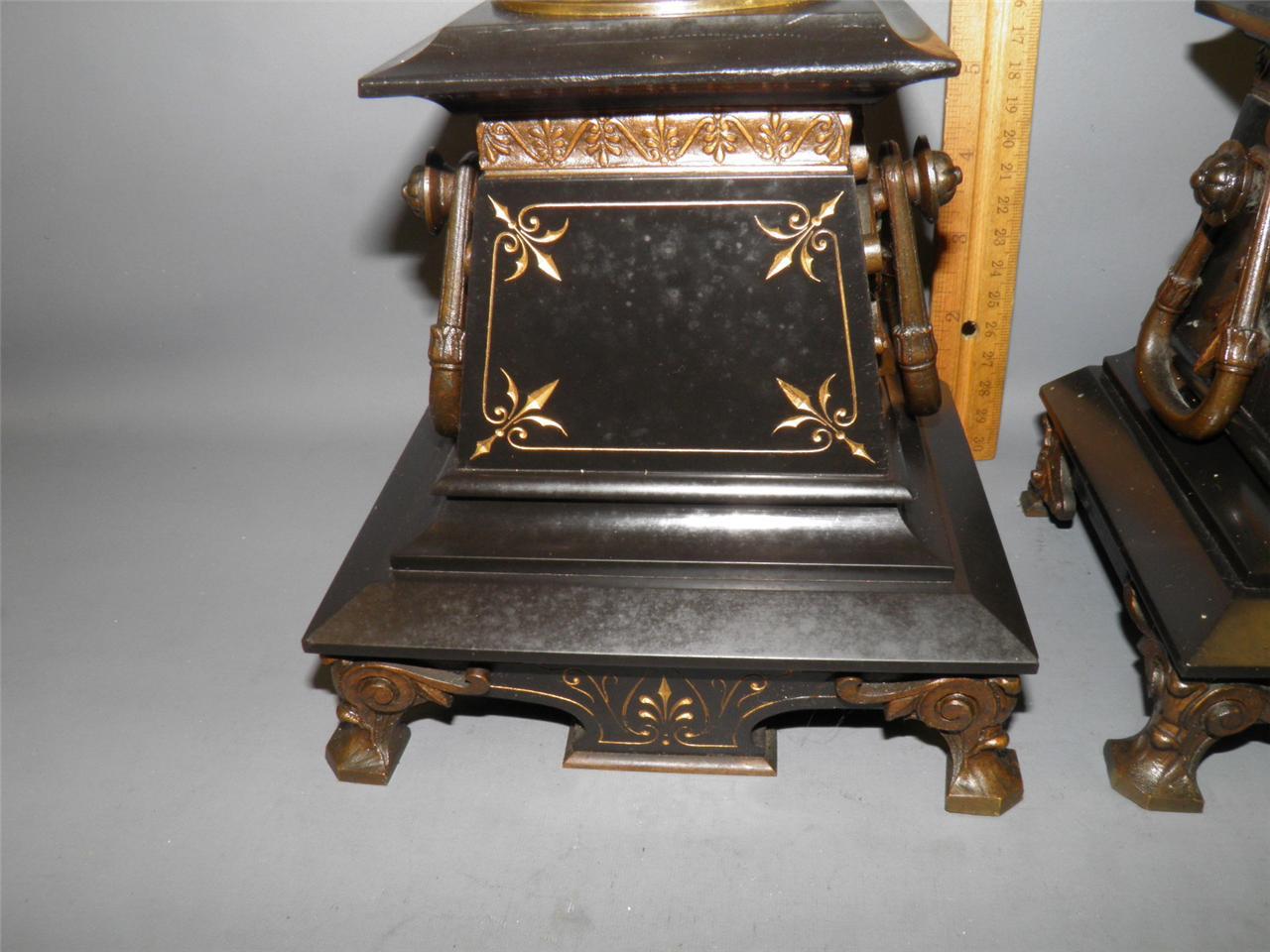 ANTIQUE FRENCH VICTORIAN AESTHETIC FIGURAL BRONZE BLACK MARBLE GARNITURES URNS