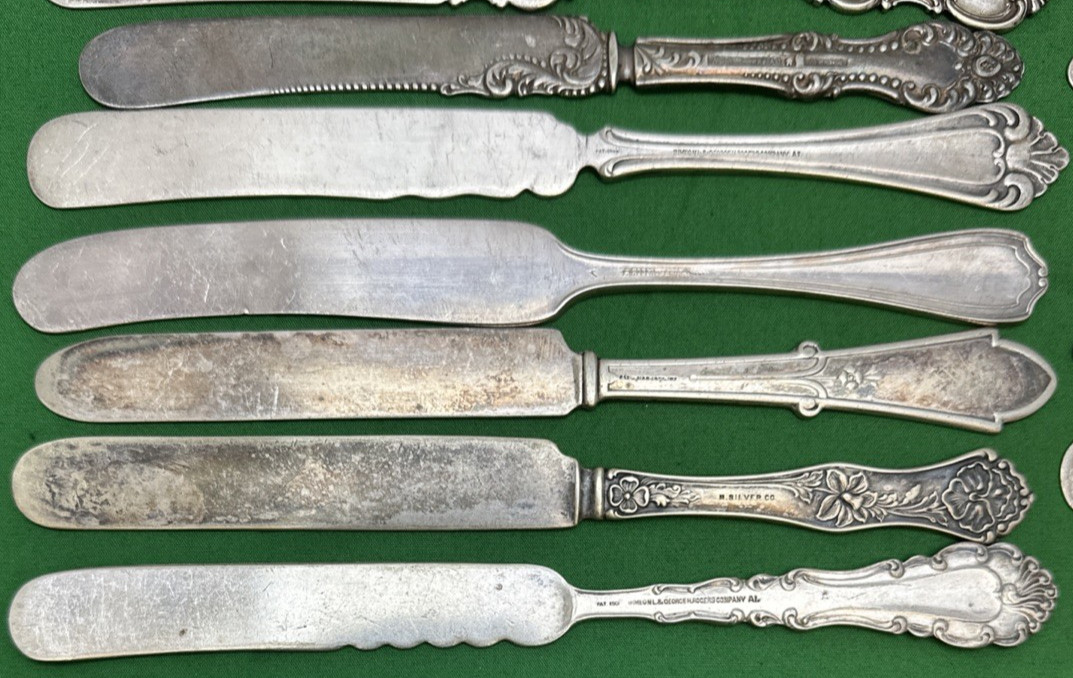 20 Pc Antique to Vintage LONG FLAT BUTTER KNIVES 6.75″ – 7.75″ Silverplate Mix