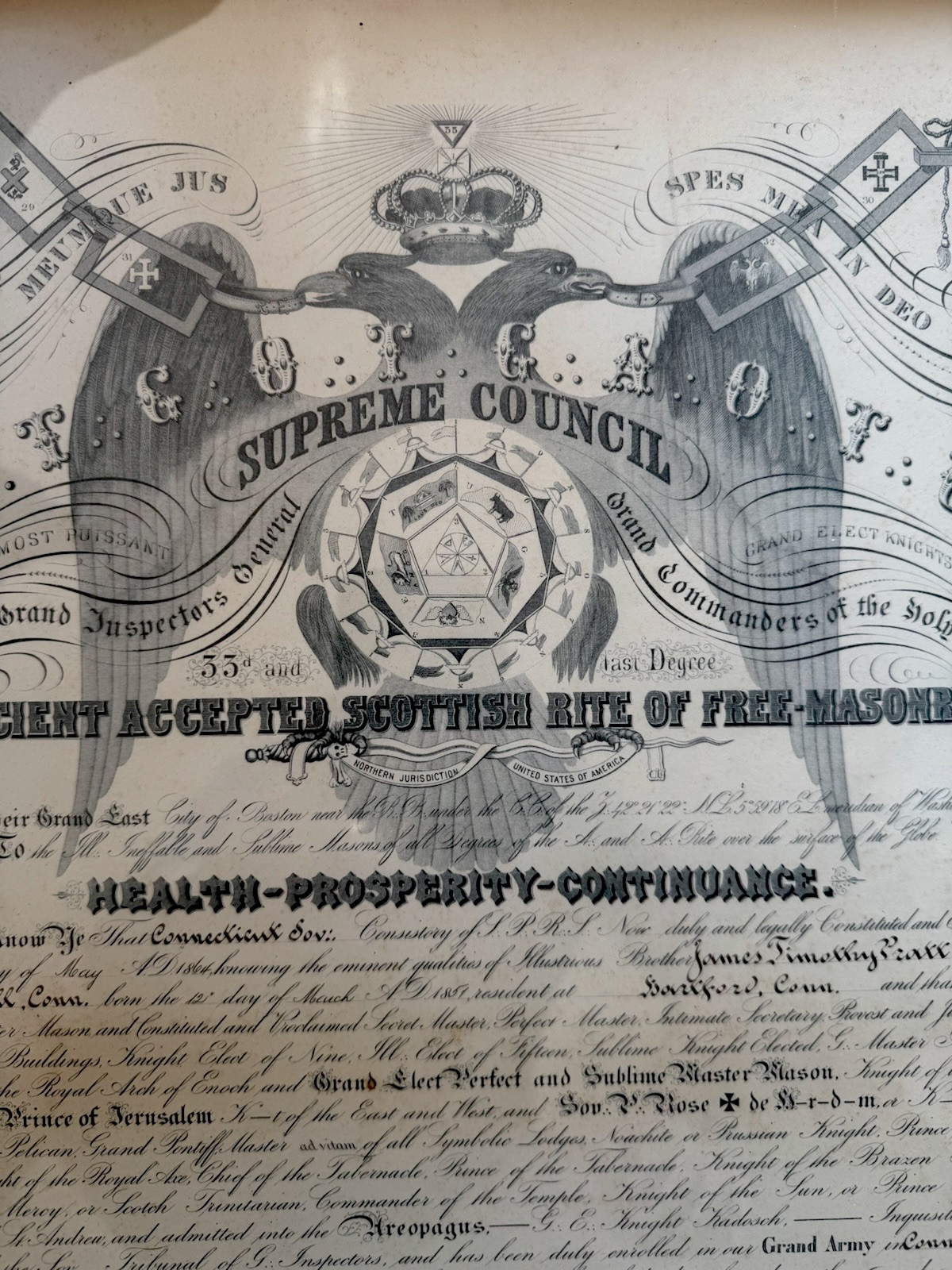 Original 1900 Masonic Certificate – Supreme Council – James Timothy Pratt Jr.