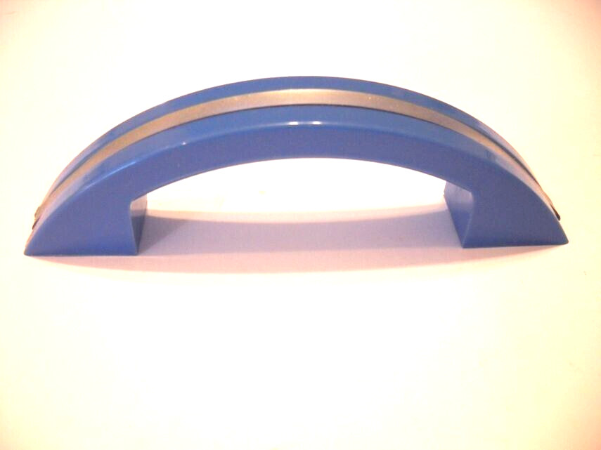 Vintage Nos Blue Plastic Drawer Pull Cabinet Door Handle w Satin Chrome Strip