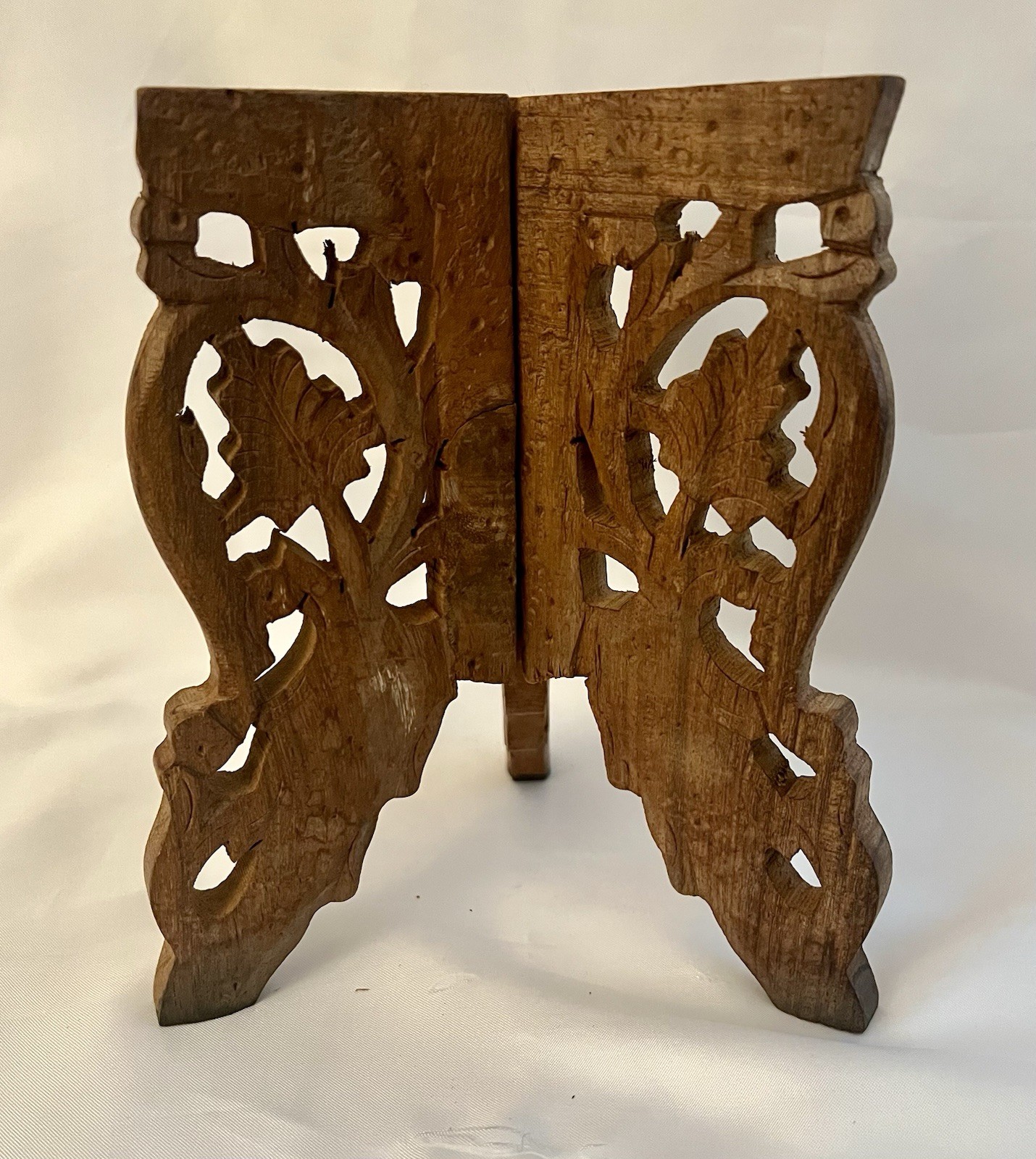 Vintage Hand Carved Wooden Folding 3 Leg Table Plant Stand Boho
