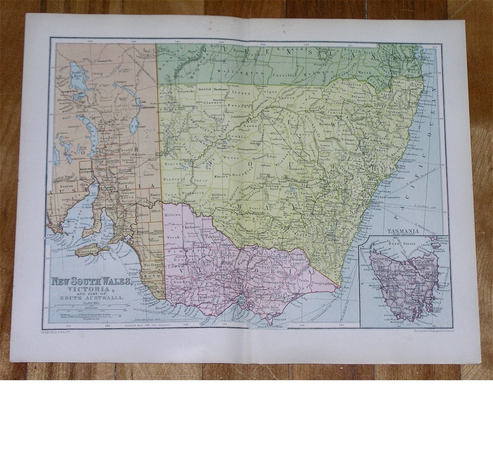 1912 ANTIQUE MAP OF NEW SOUTH WALES VICTORIA / MELBOURNE SYDNEY / AUSTRALIA
