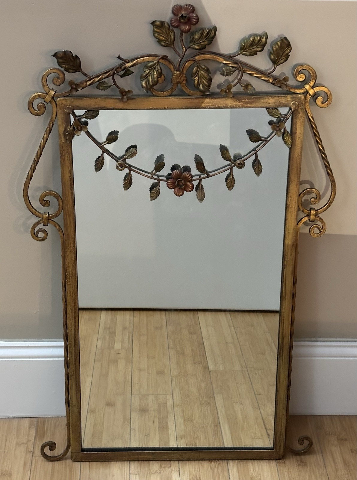 Antique Hand Wrought Iron Wall Mirror Bronze / Gold With Floral Scrolls AS IS