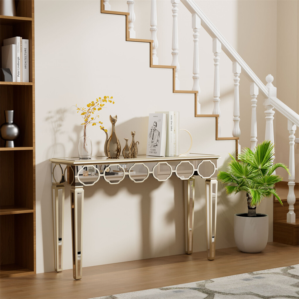 Delicate Mirror Console Table Gold Trim Vanity Table with Stable Tapered Legs