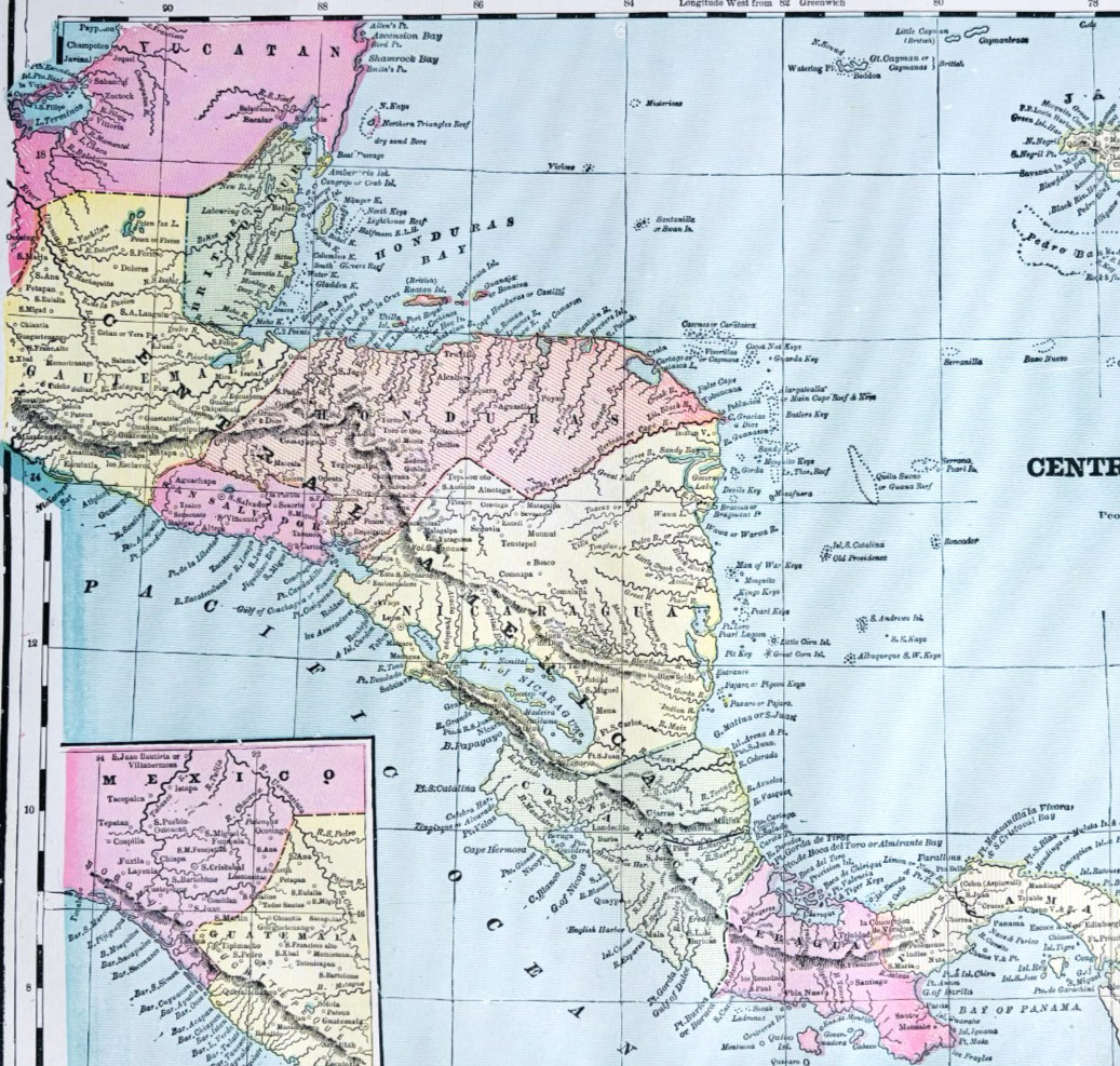 1895 Central America Political Antique Map Victorian Geography History DWYY10B
