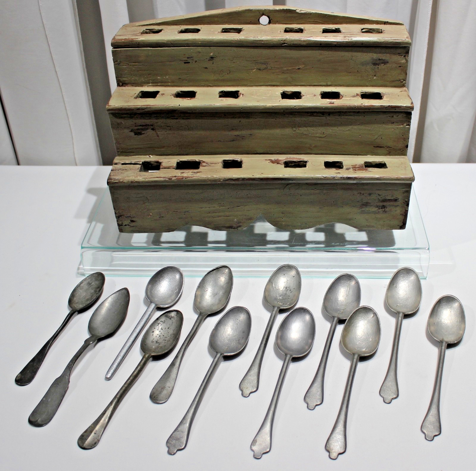 Antique 18th 19th Counter or Wall spoon rack with 12 Primitive pewter spoons