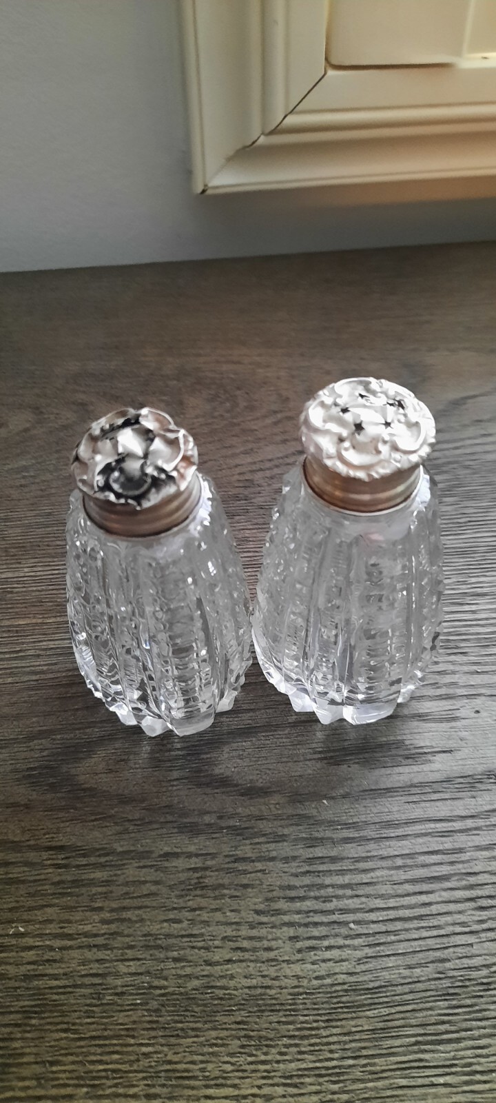 sweet shaped antique salt and paper silver top pressed clear glass