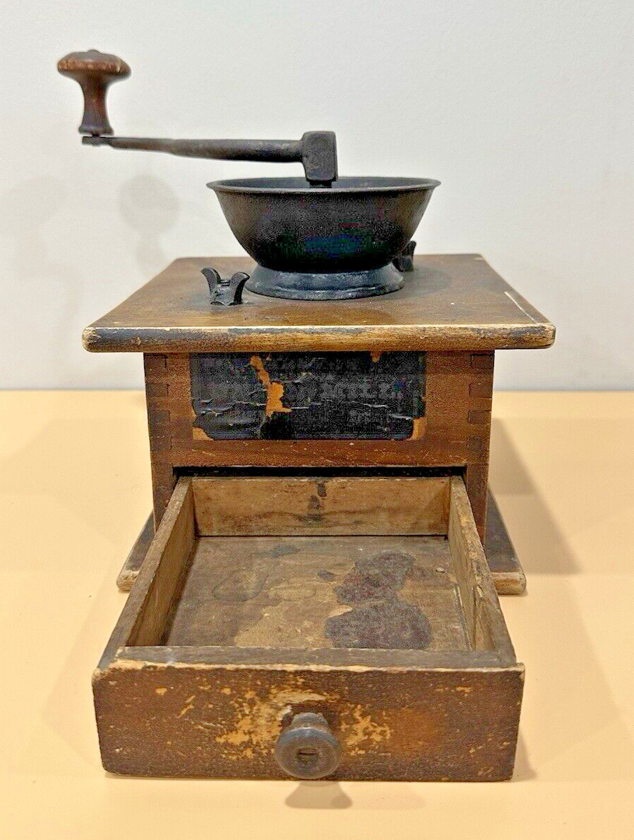 Antique Primitive Coffee Grinder w/ Drawer – Wood & Cast Iron – Amazing Patina!