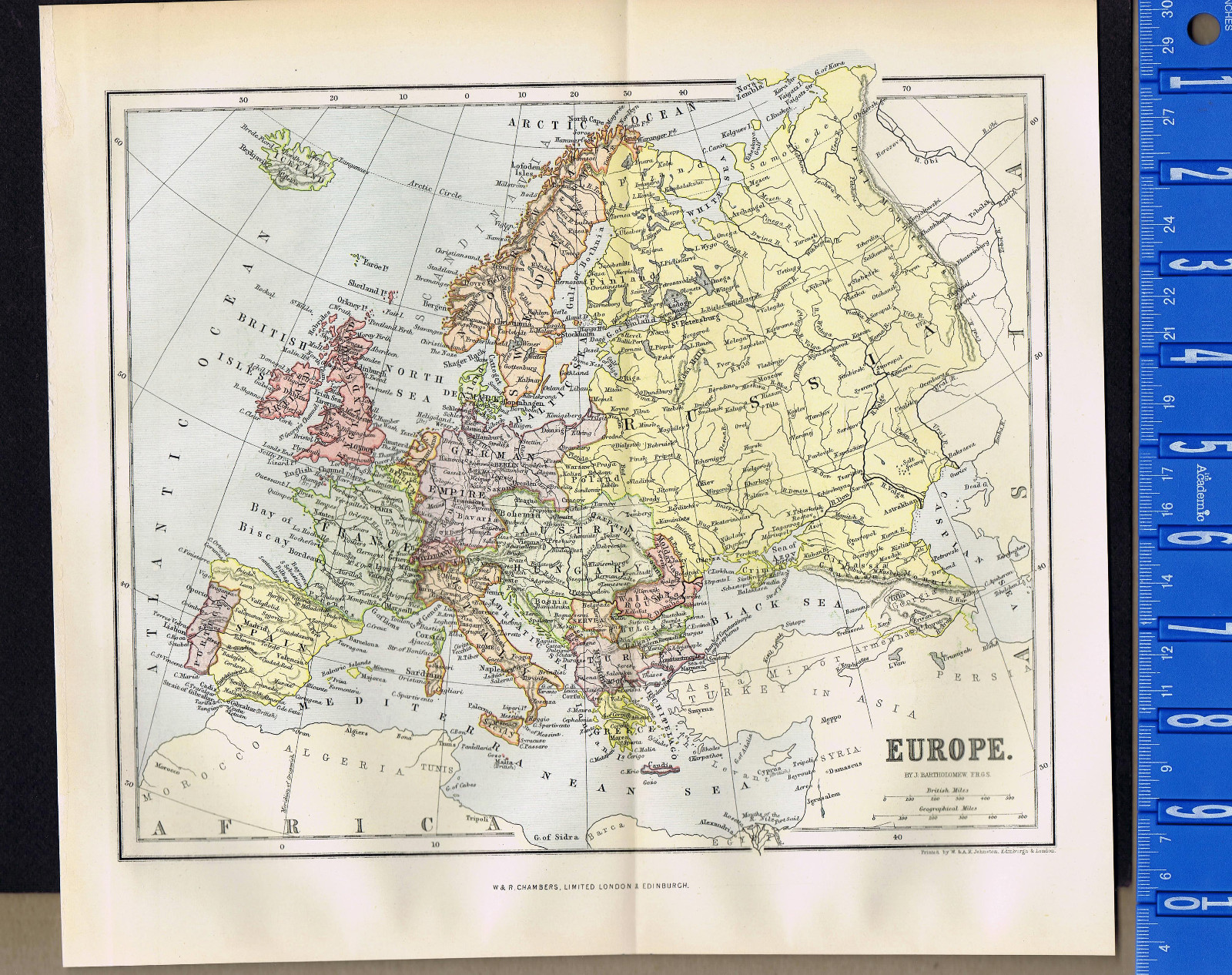 EUROPE 1893 Antique National & Physical Map Print – Johnston – Chambers