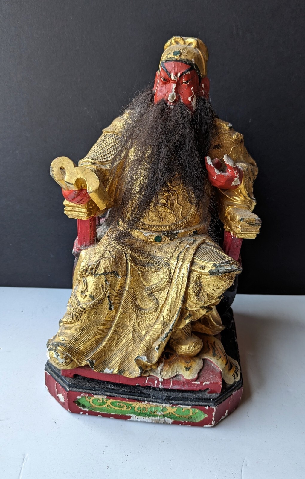 Old Chinese Gilt Paint Seated EMPORER Hair Beard Wood Plaster 13½” Statue As Is