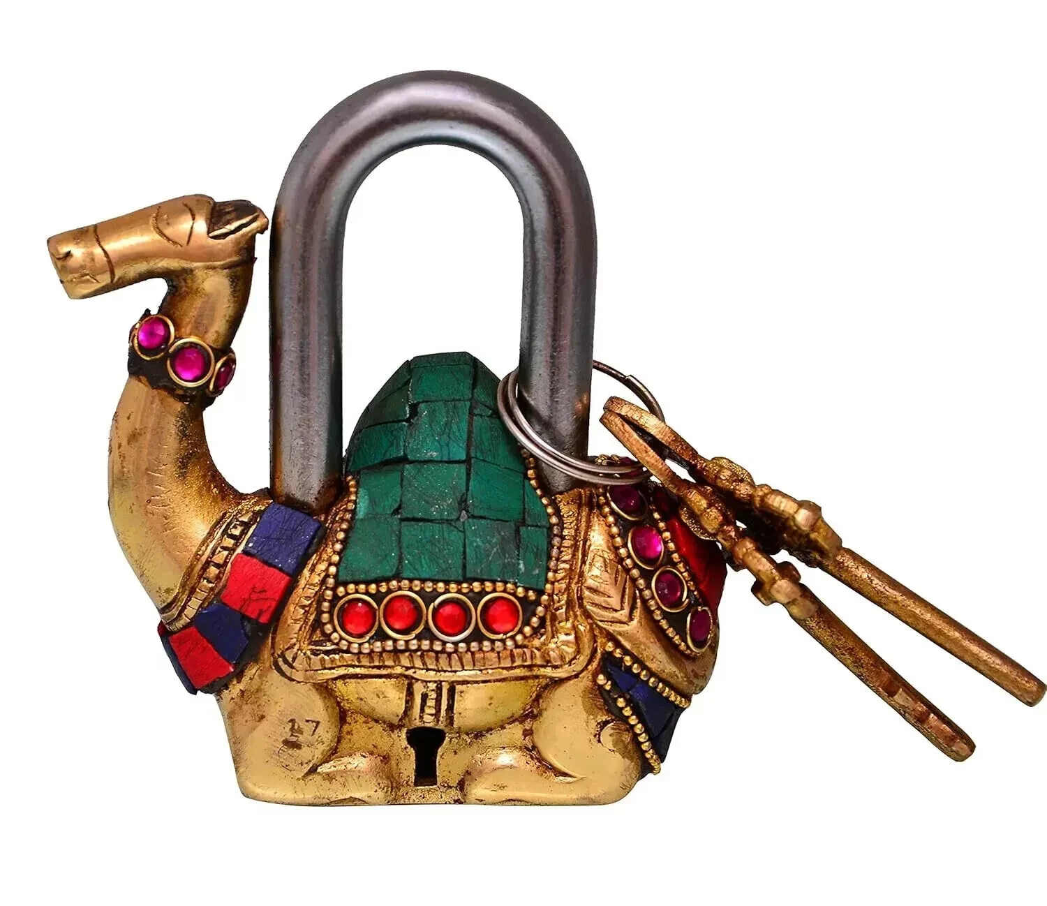 Camel Shaped Brass Lock Padlock: Handmade Antique Design With Colorful Gemstone