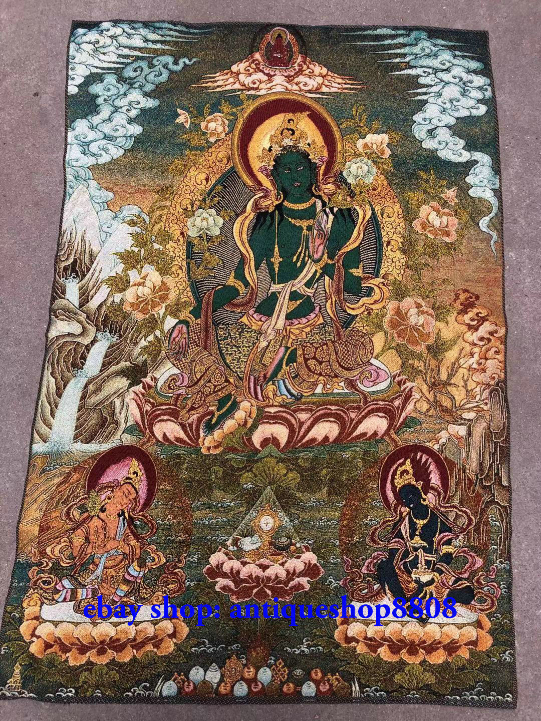 36”Tibetan Silk Hand Embroidery Buddha of Nepal Thangka Green Tara Mural Statue