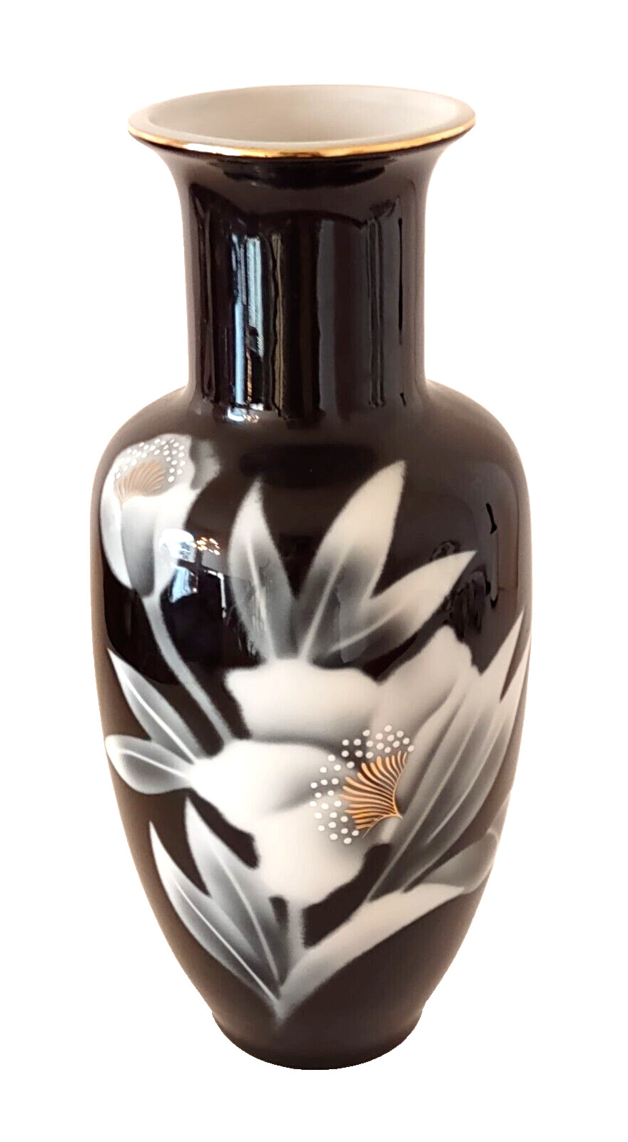 MADE IN JAPAN Vintage Midnight Blooms Jamestown black and painted floral vase