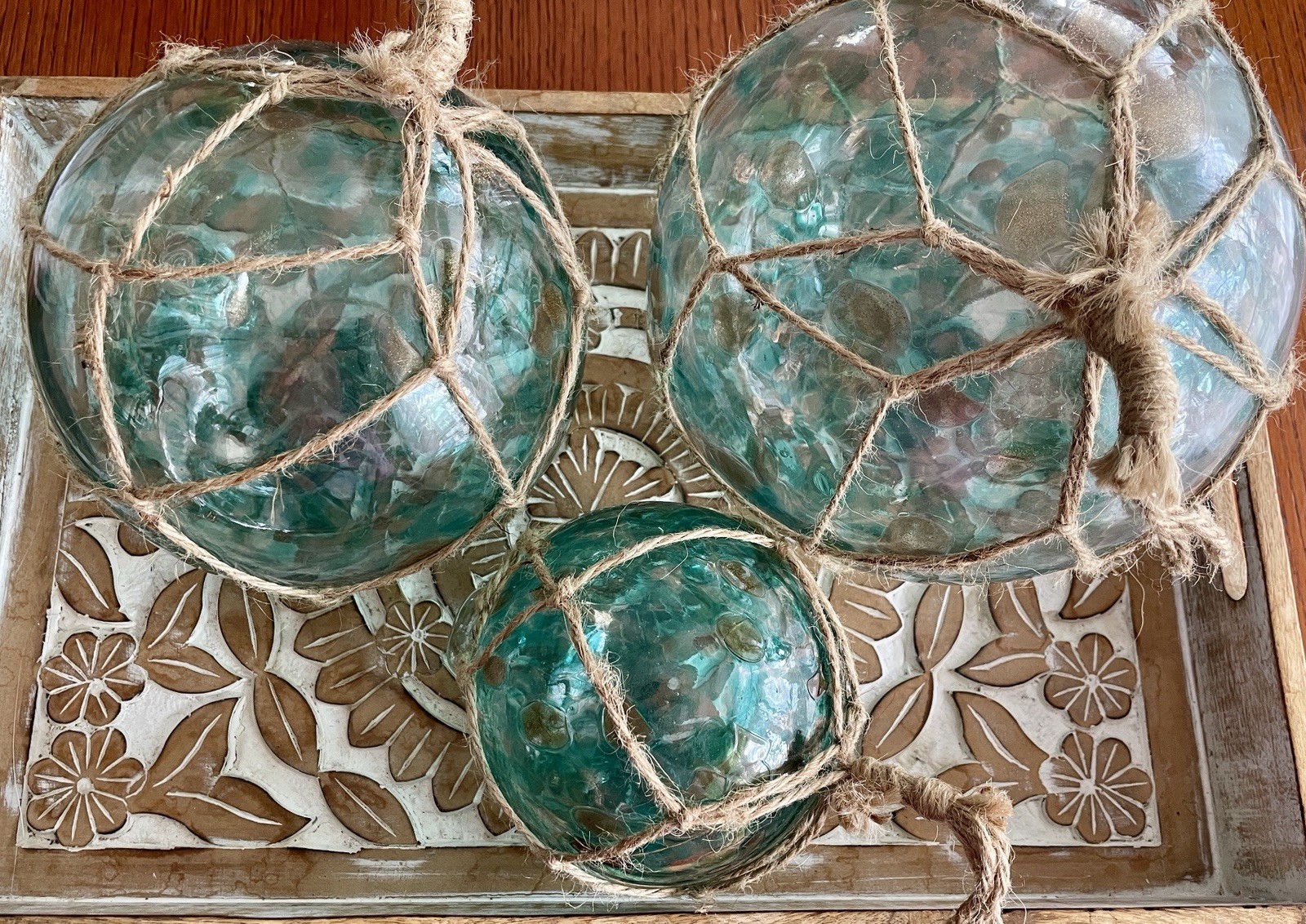 Lot of 3 Sea Blue Glass Fishing Float Balls Buoys w/Gold Rain Drops Decorative