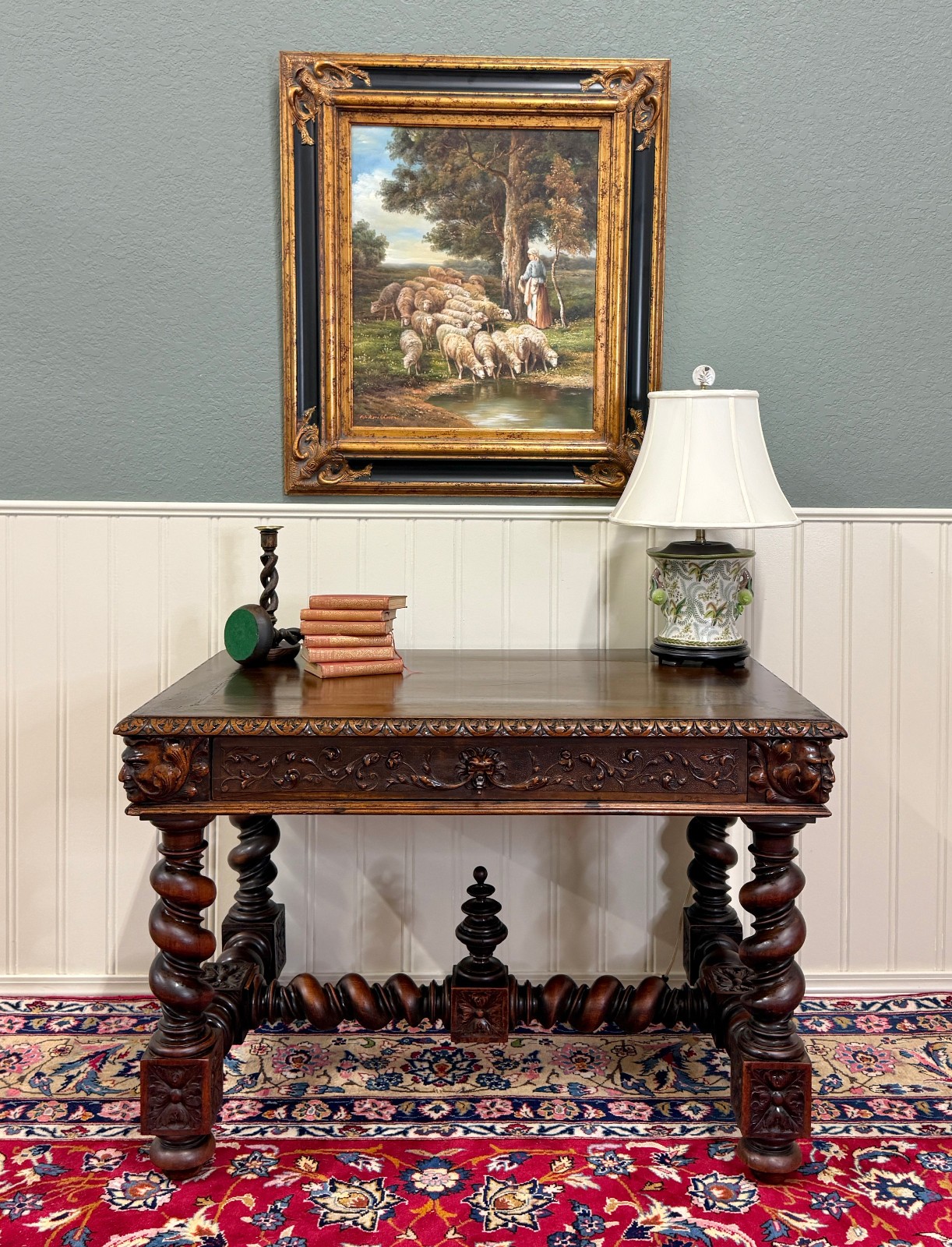 Antique French Henri II Style Writing Desk Barley Twist Carved Walnut 19th C