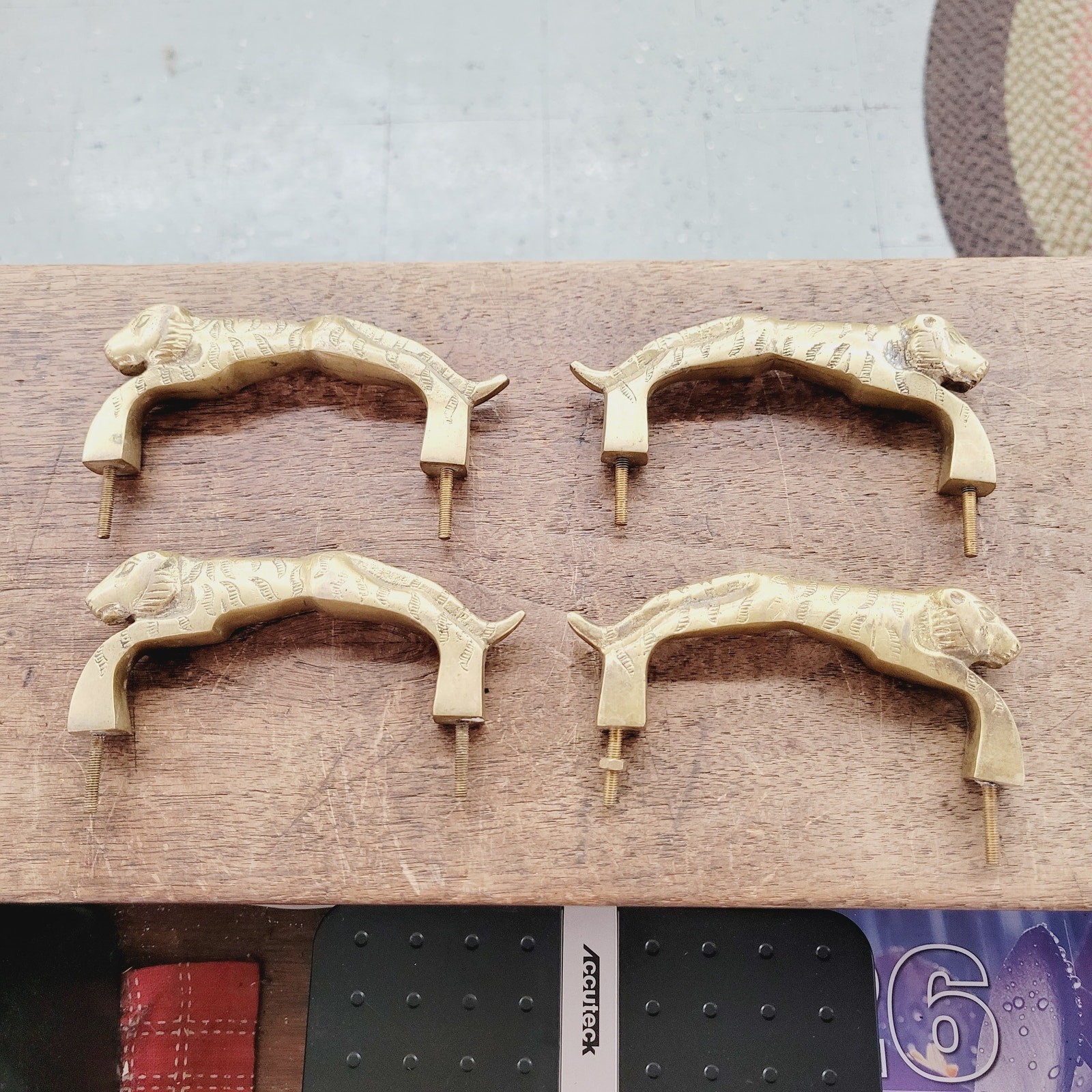 Vintage Brass Tiger Drawer Pulls 4pc Set Heavy Cabinet Hardware 4″ Centers