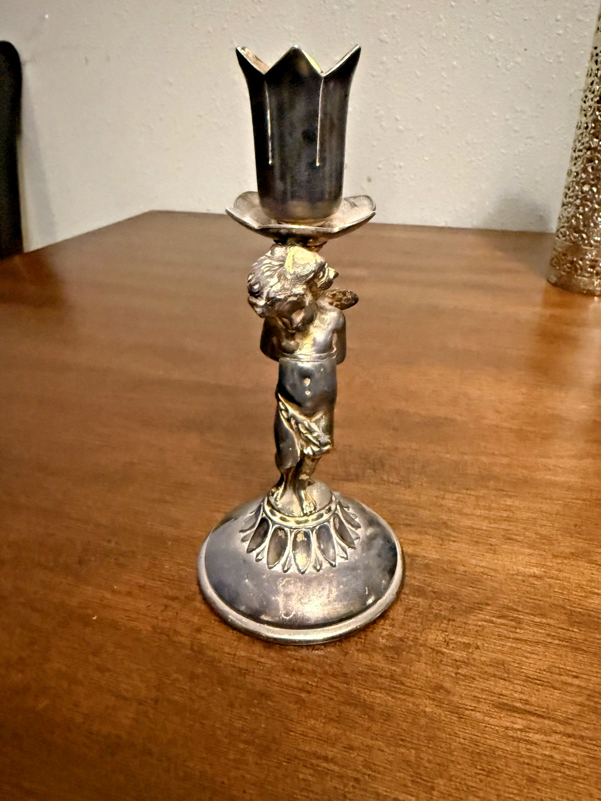 Antique James W. Tufts Boston Silverplate Figural Cherub Candlestick Holder