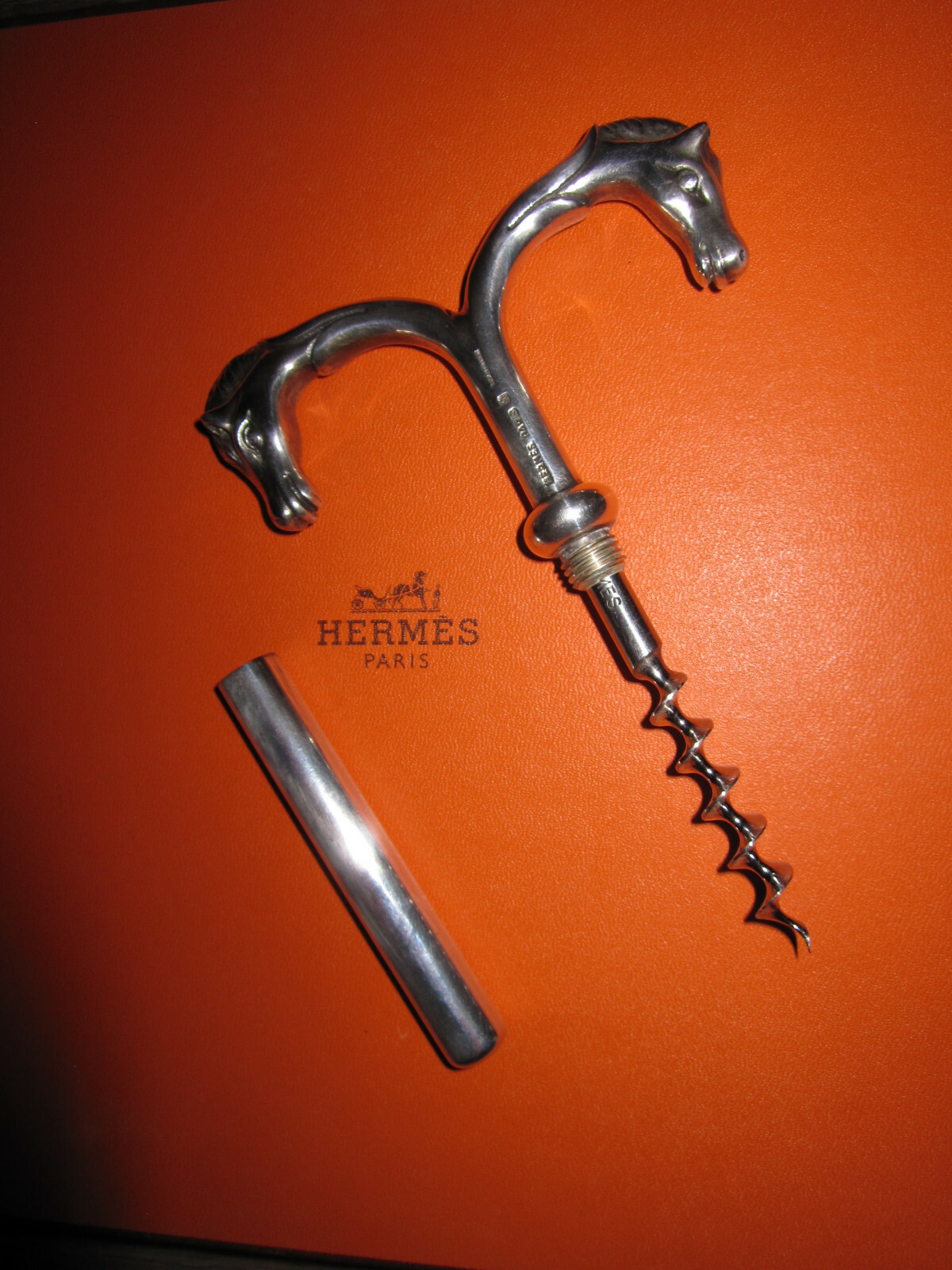 RARE Vtg Hermes Paris double horse head silver plated corkscrew / wine opener