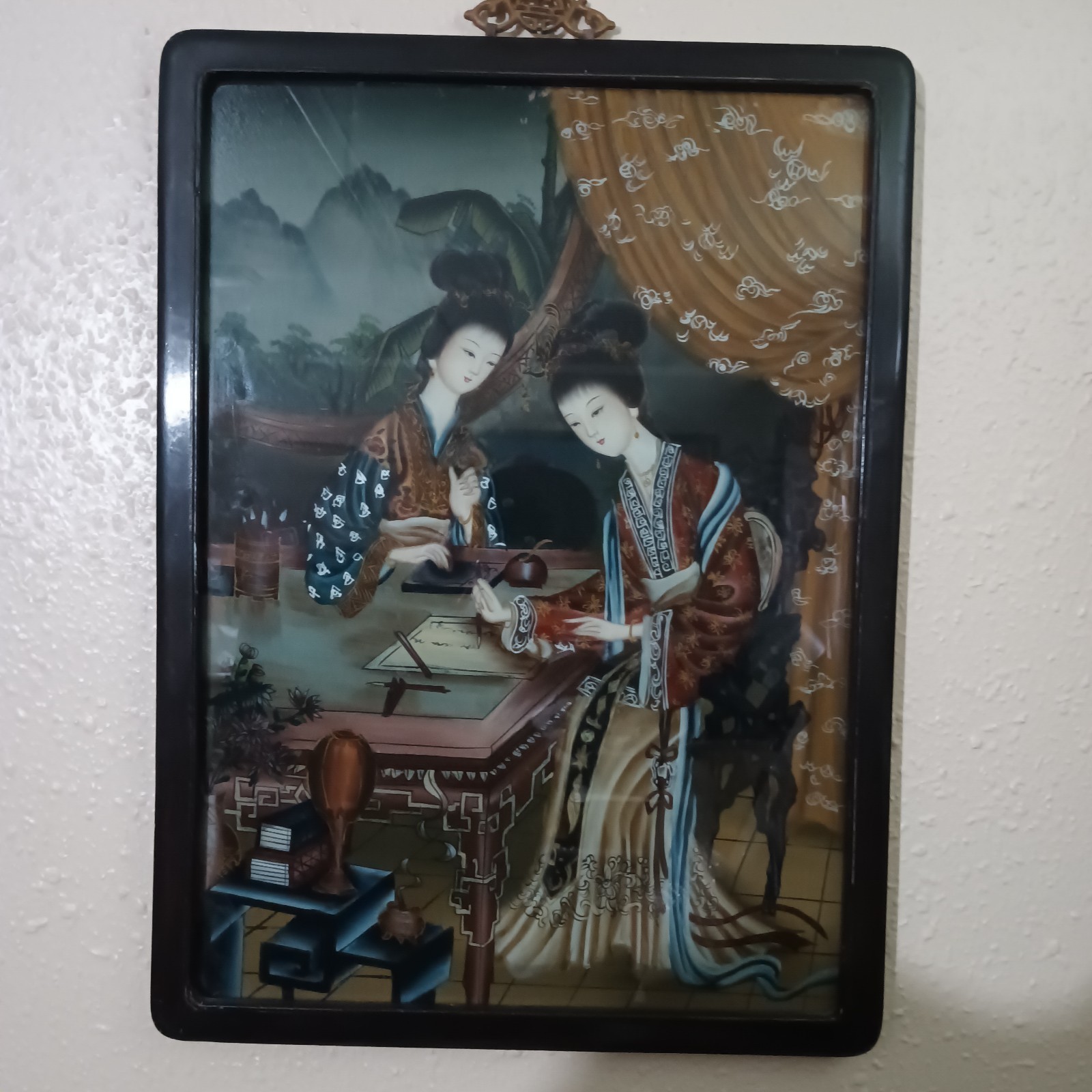 Early 1900’s Original Chinese Painting. Reverse Glass. Women In Stagecoach