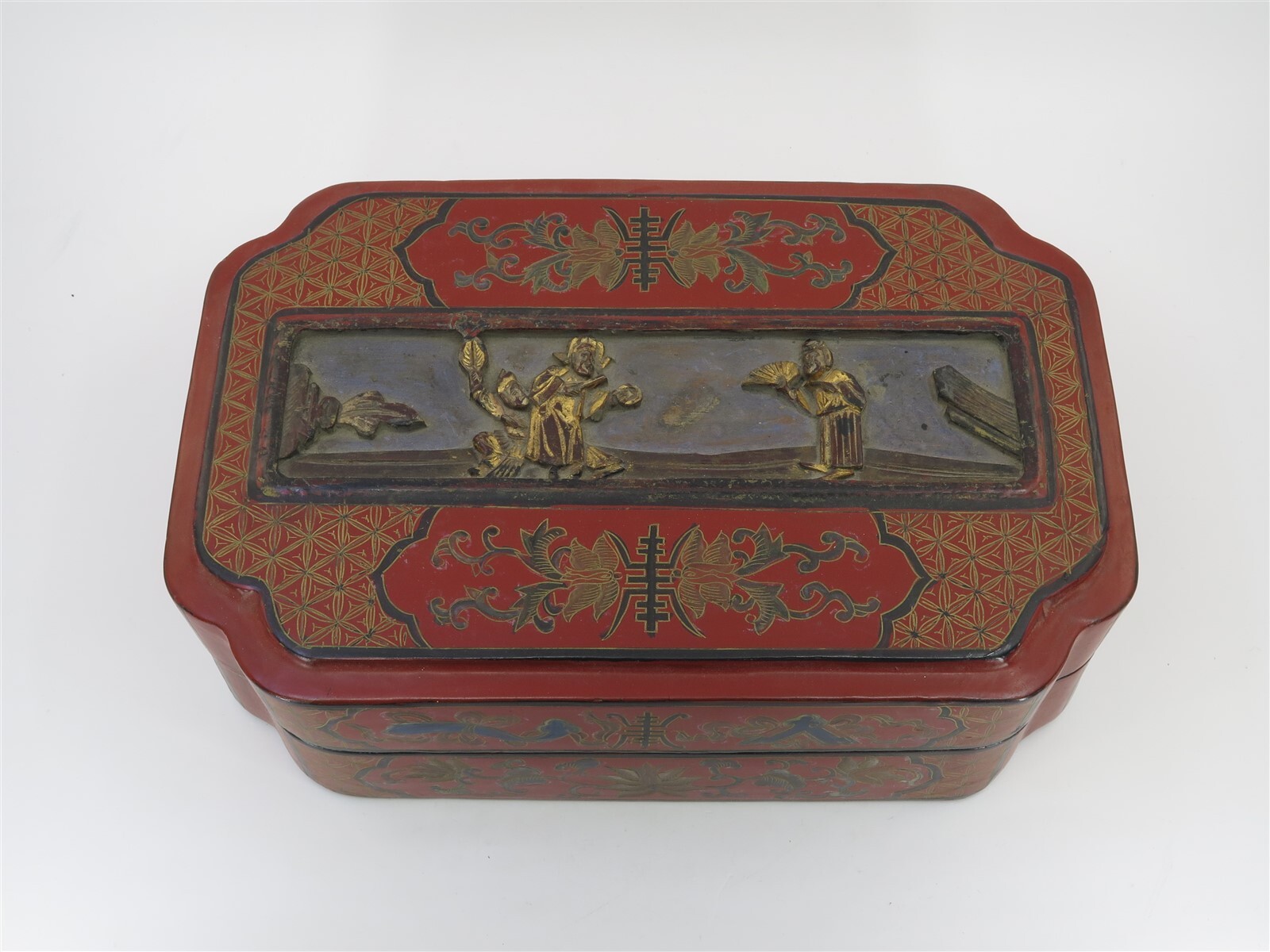 Chinese Papier Mache 20th Century Carved & Lacquered Bride’s Box 11.25″ x 7″