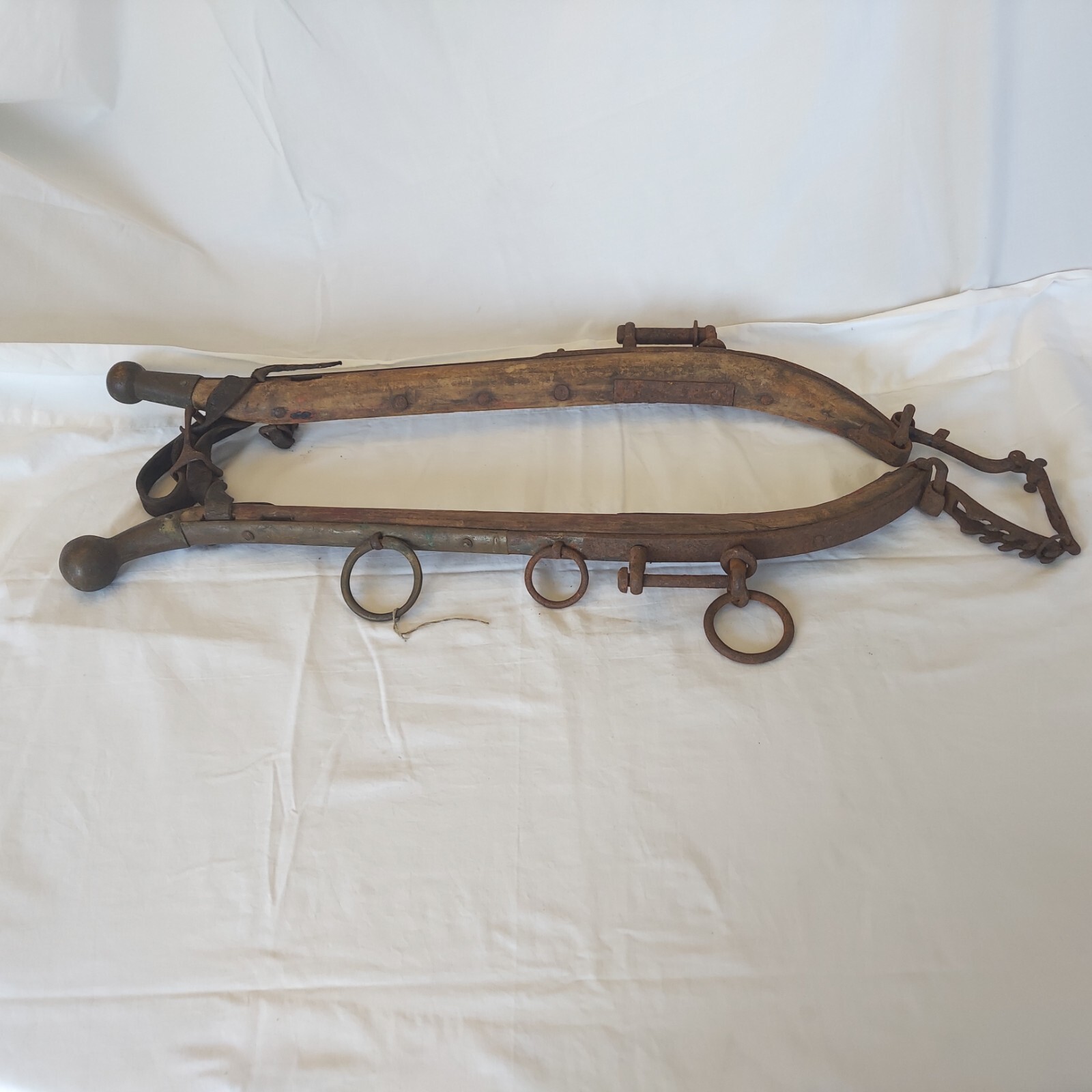 Mule Horse Hames Pair 28″ Solid Wood & Metal Brass Balls, Leather Strap Antique
