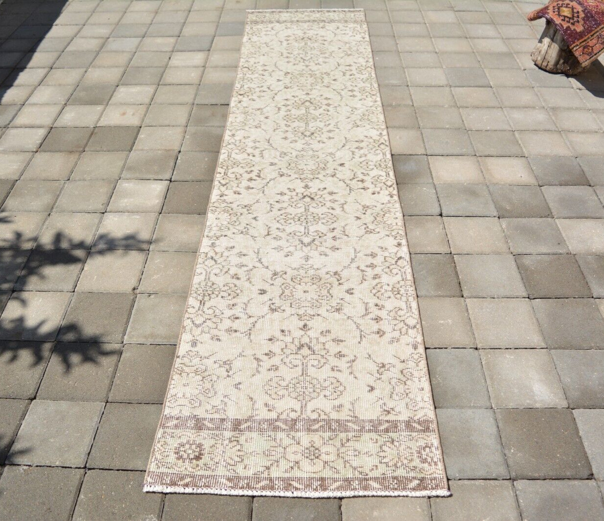 Anatolian Handmade Runner, 2.2×9.9ft, Beige Faded Vintage Turkish Entryway Rug,