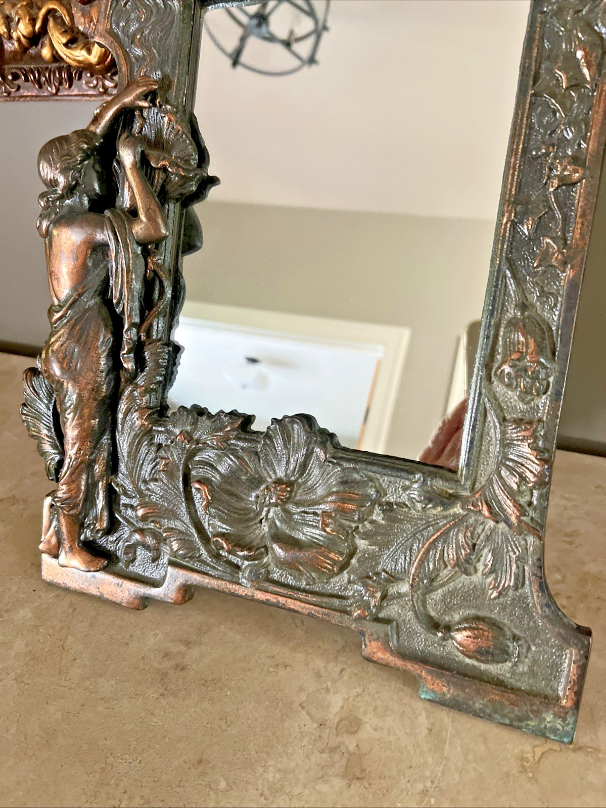 VINTAGE ART NOUVEAU VANITY TABLE MIRROR / CAST IRON w/ COPPER FINISH 17″H x 13″W