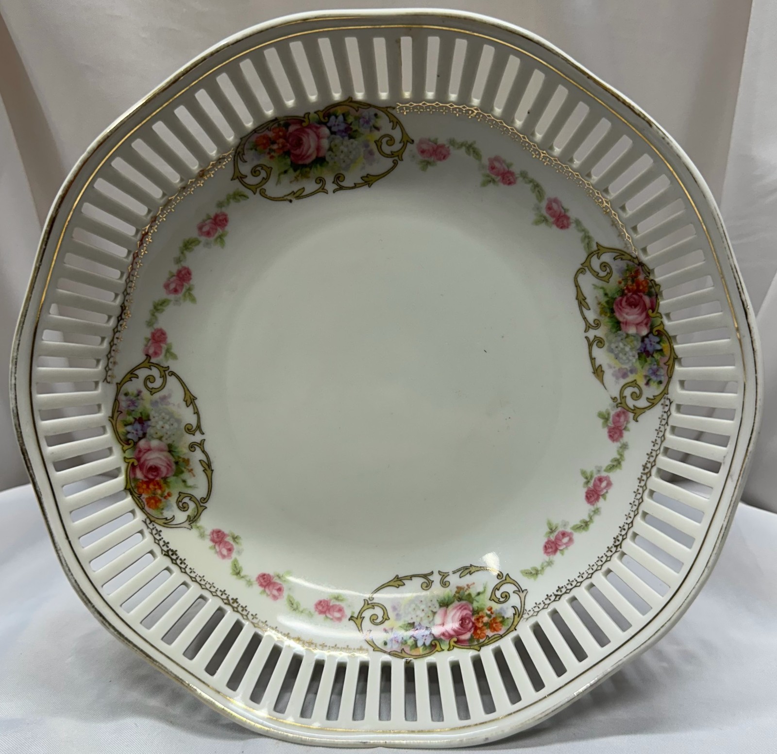 Vintage J Bavaria Reticulated Porcelain Bowl Pierced Lattice Pink Roses 9.25″