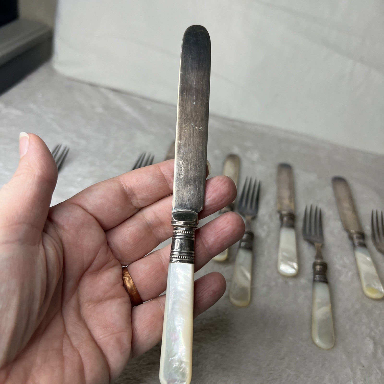 Lot Set 12 Mother of Pearl Fish Knives Forks Sterling Band Ferrule Storage Cloth