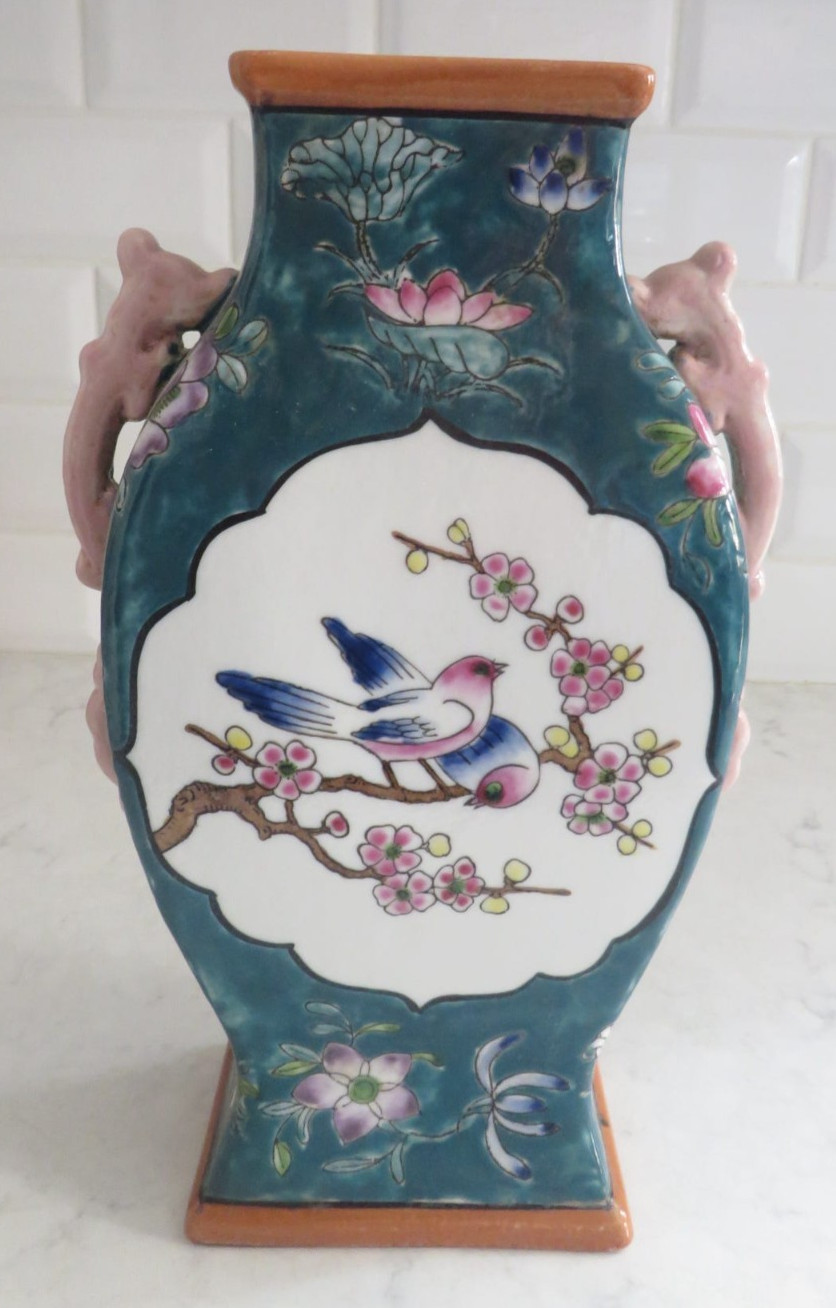 Beautiful Unique 11″ Ceramic Chinoiserie Vase with Birds and Butterflies