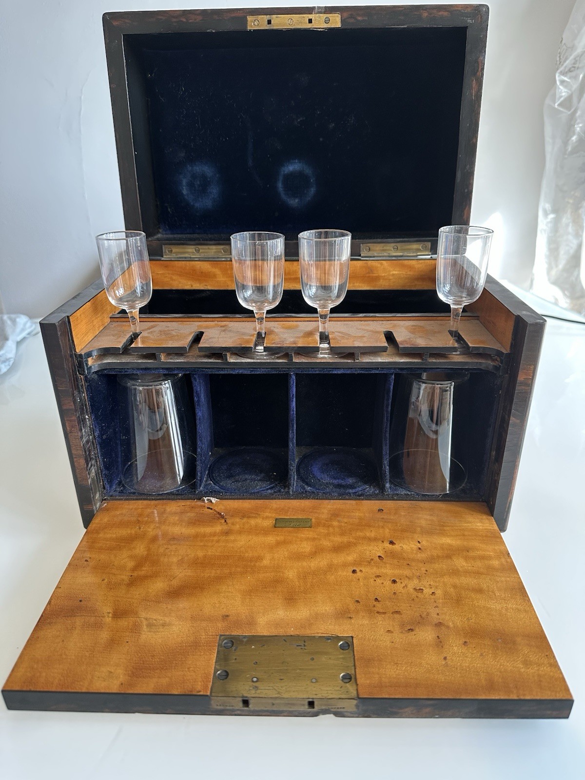 Antique Victorian burr walnut veneer decanter box, brass mounts & Velvet Lined