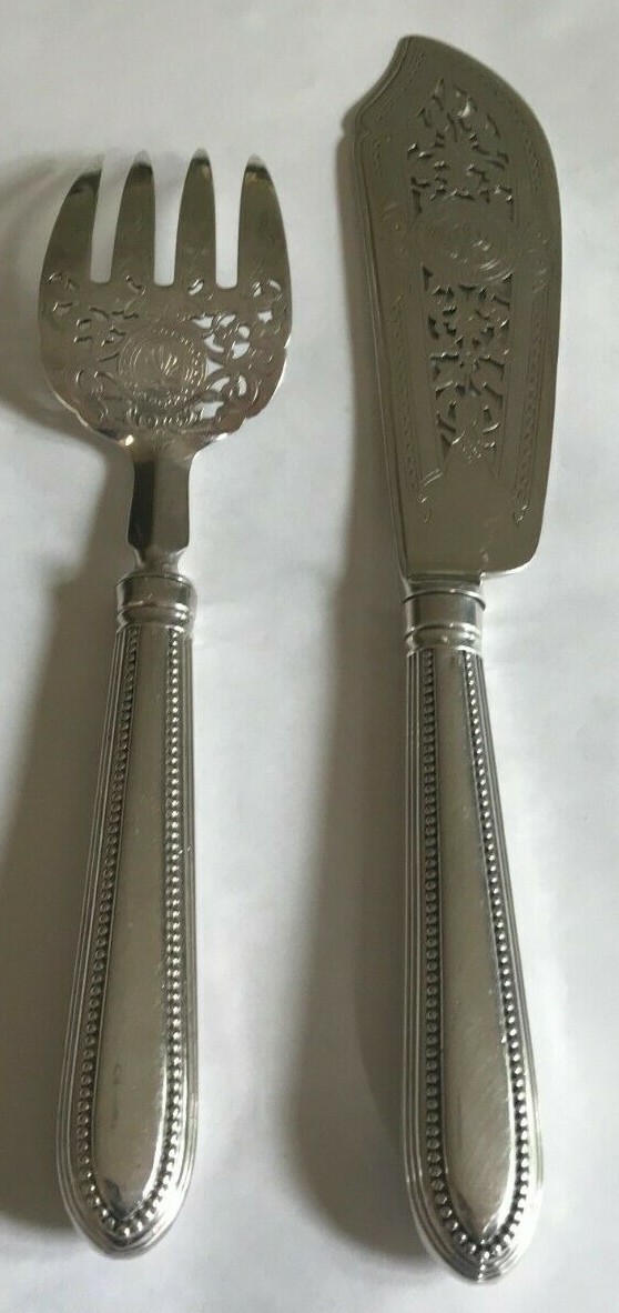 Antique England G. ADAMS Engraved Sterling Silver Fish Slice, Fork Serving Set