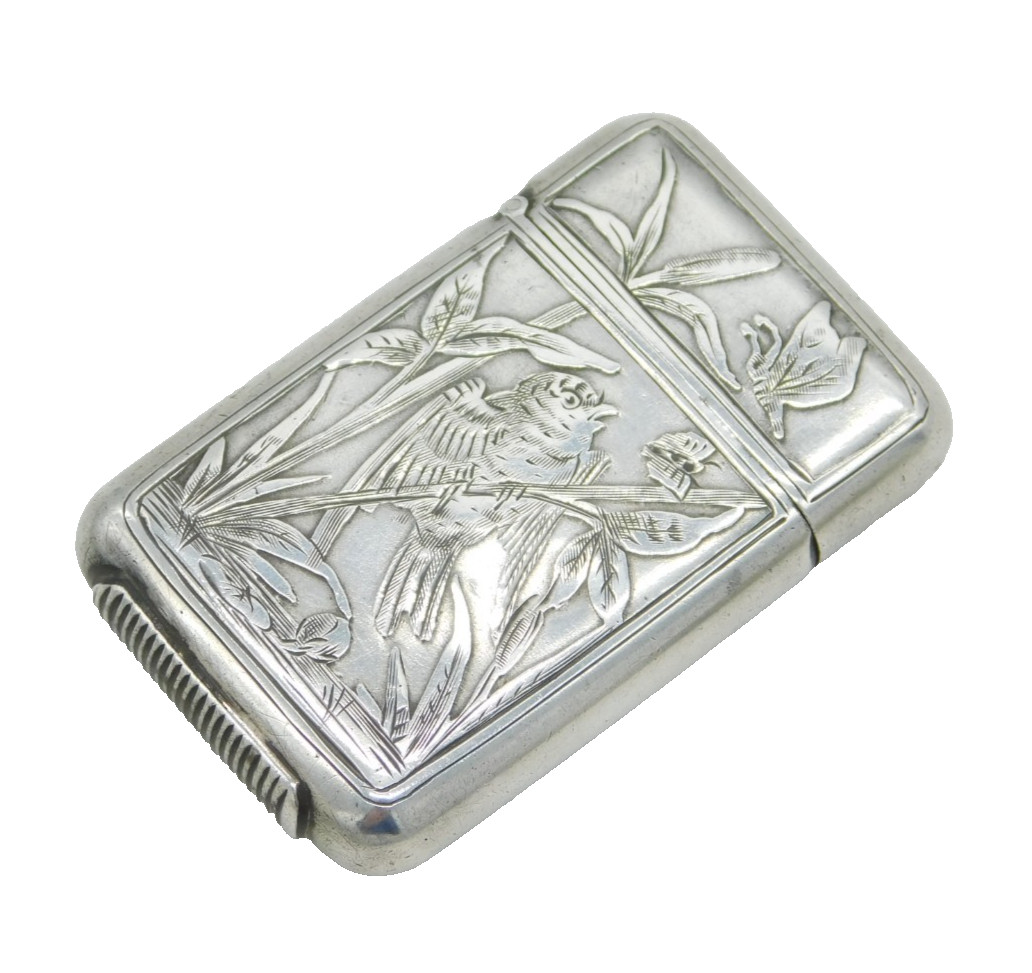Sampson Mordan Victorian Sterling Silver Bird & Butterfly Vesta Case Antique