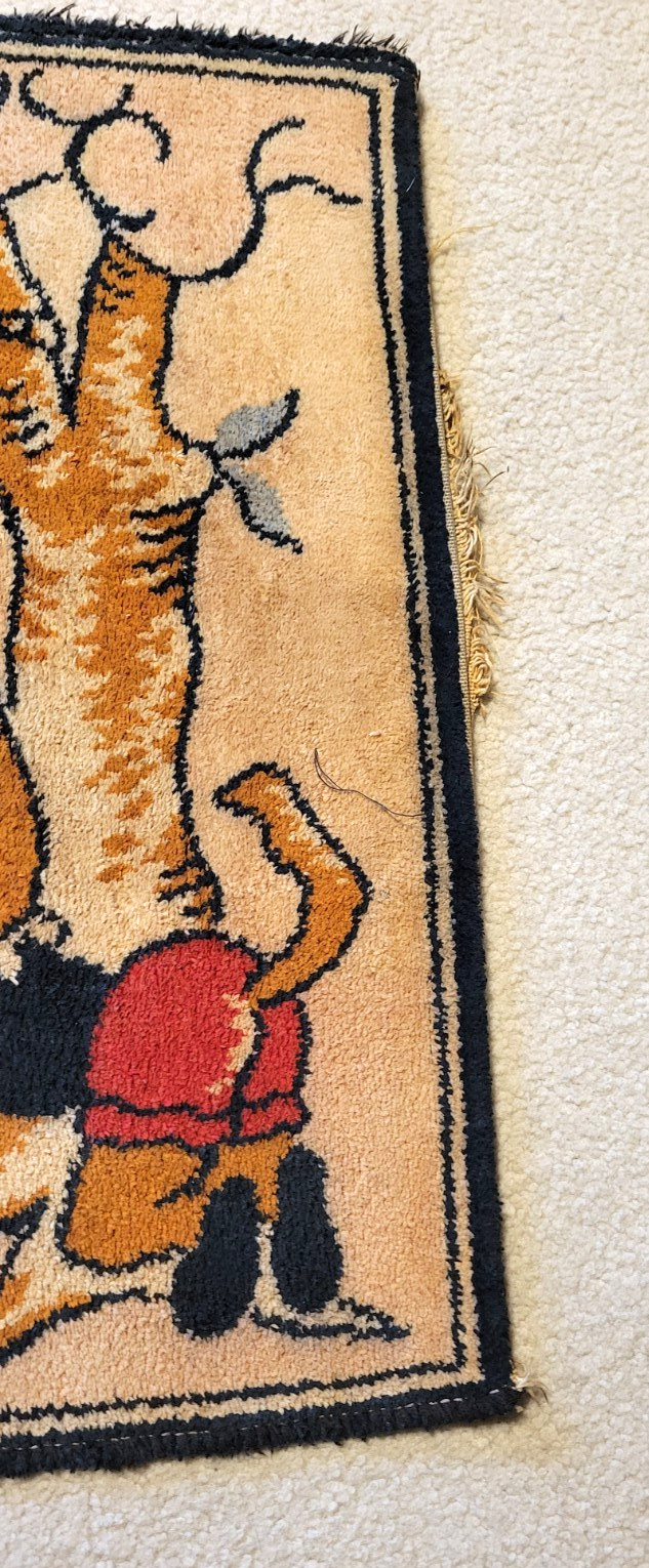 PRIMITIVE NEEDLEPOINT BUNNY RABBIT FOLK ART TAPESTRY PICTORIAL RUG MAT MCM ANTIQ