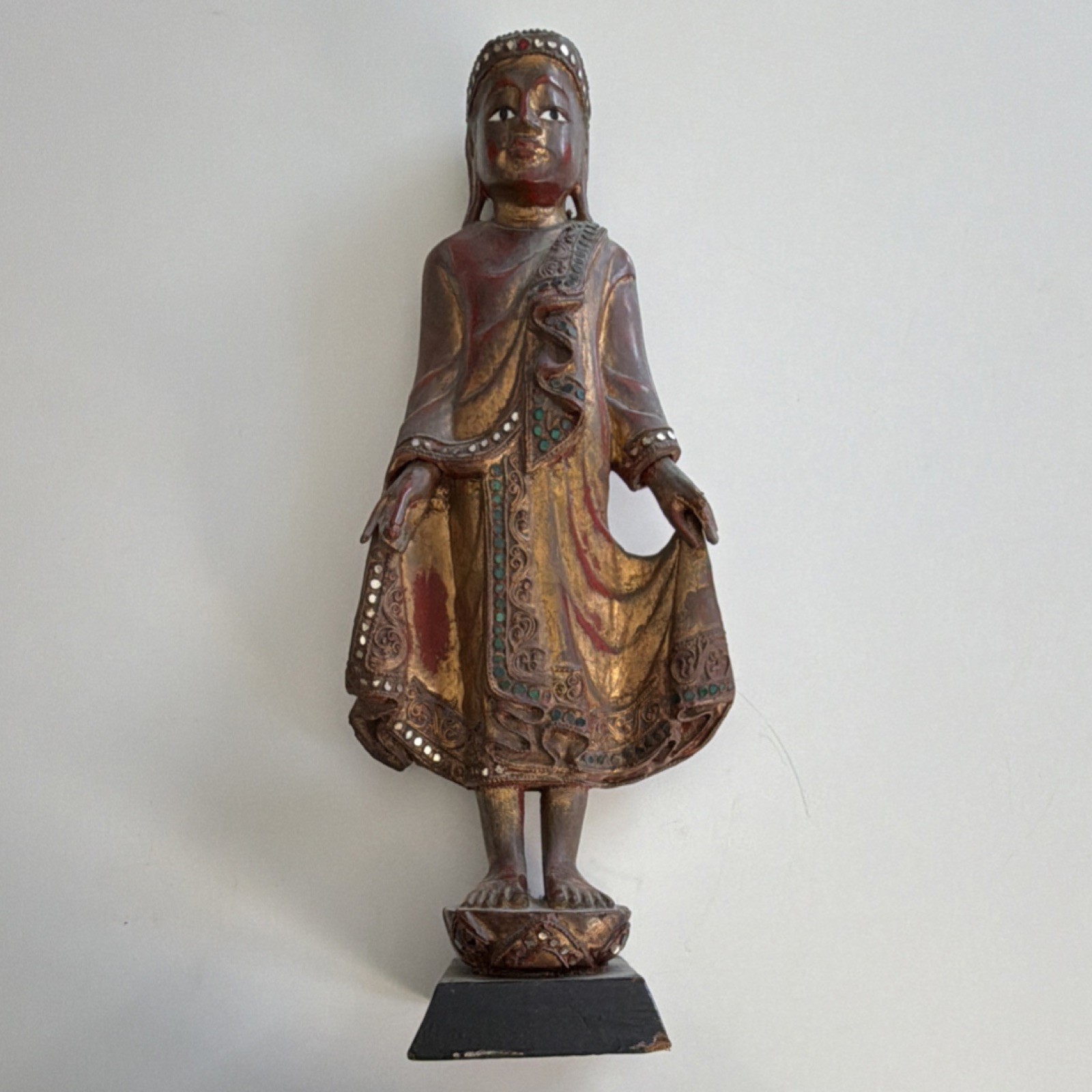 Vintage Southeast Asian Antique Wooden Statue Gold Red Ornate Painted Accents