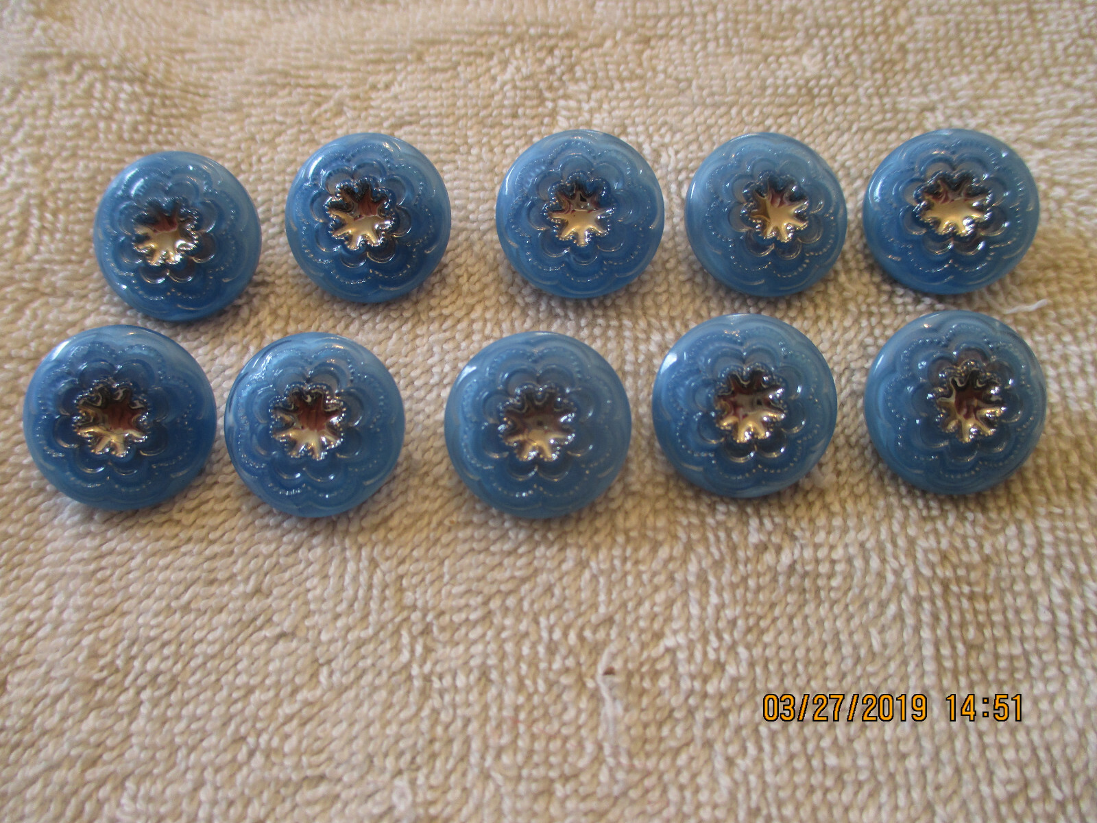 10 Czech Glass with Sculpted Designs Silver Center on Blue Buttons #20 .670″