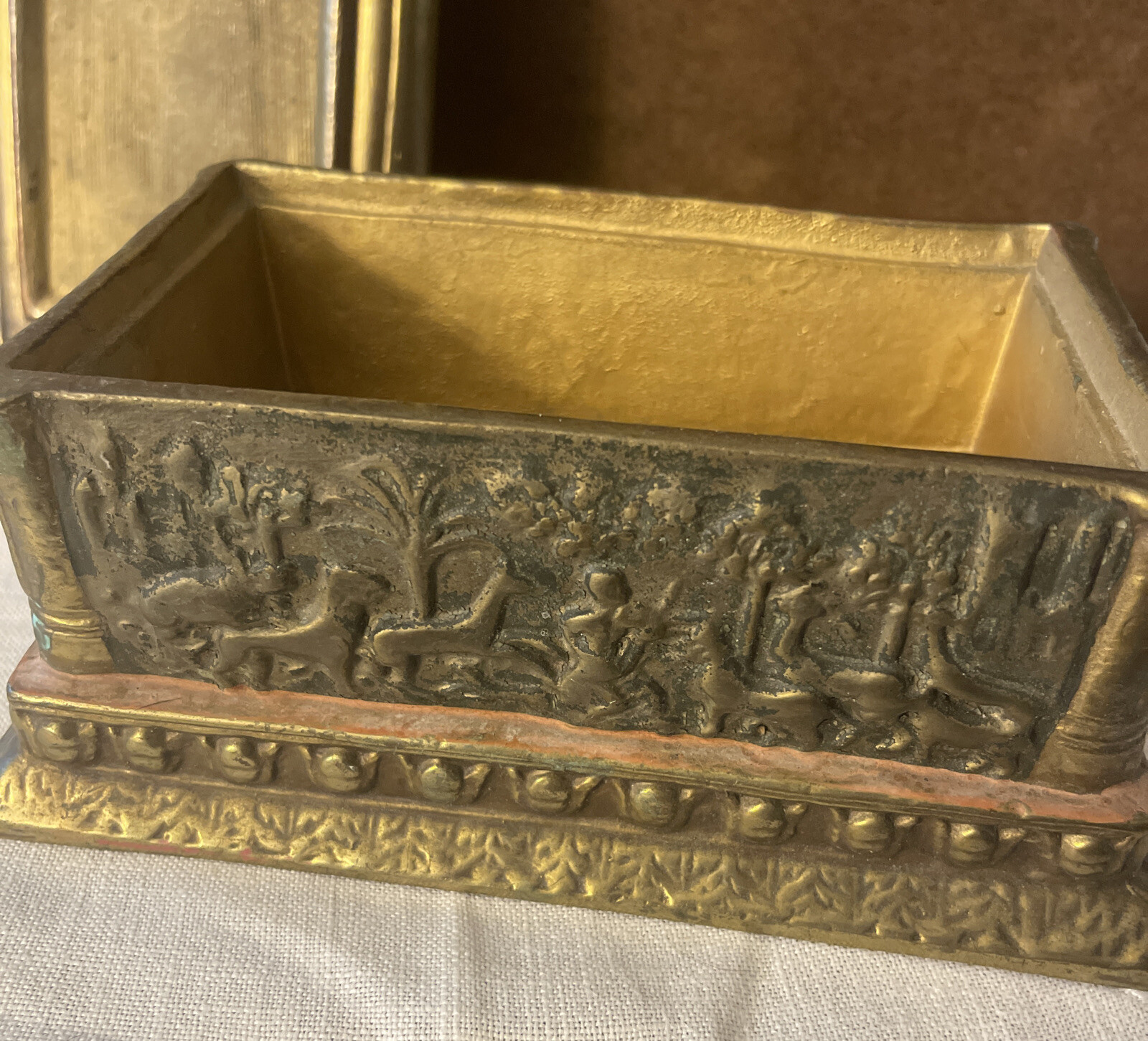 Antique Copper Embossed Relief Scene Lined Trinket Dresser Storage Box