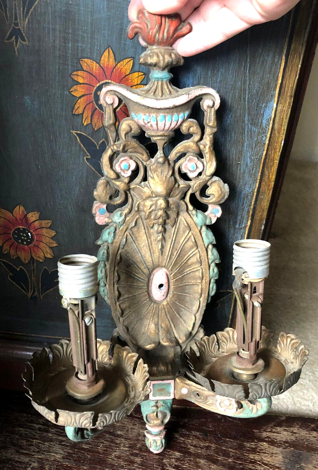 Antique Double Sconce Light Fixture Polychrome Painted Metal Western Commercial