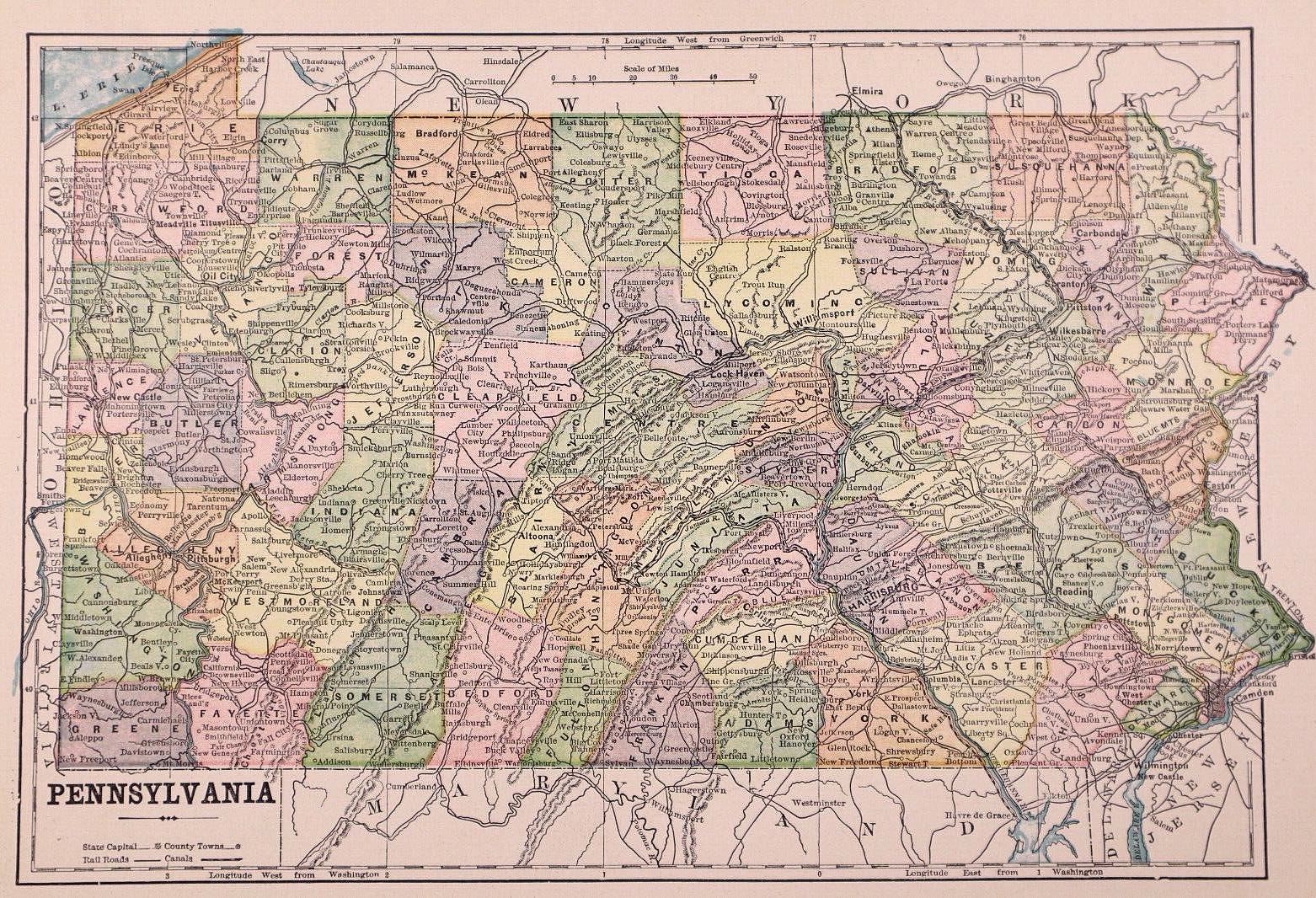 1893 Map ~ The STATE of PENNSYLVANIA ~ Free S&H-(11×13)-#131A