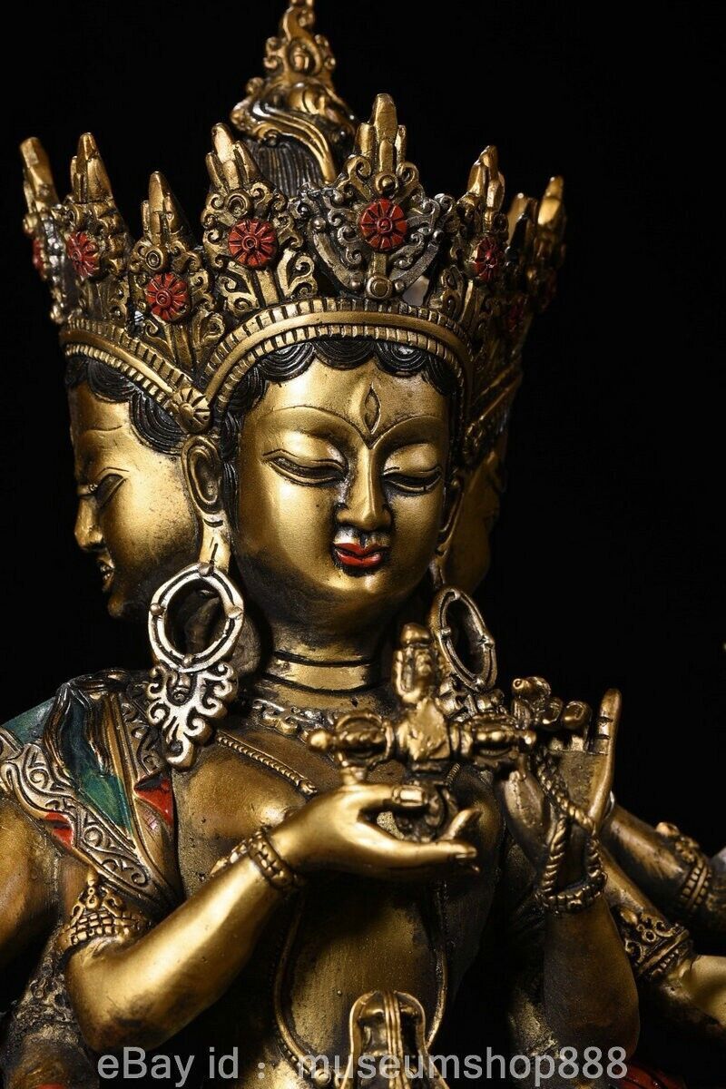 12″ Old Chinese Bronze Paintings Buddhism 3 Head 6 Arms Namgyalma Sculpture