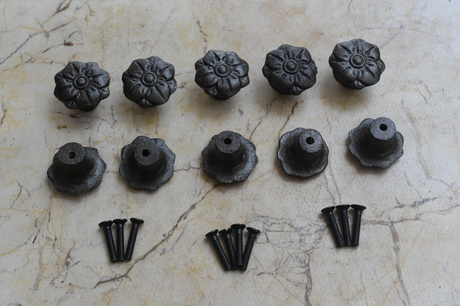 Vintage cast Iron door knobs cabinet Flower drawer handles pull rustic 10 pcs