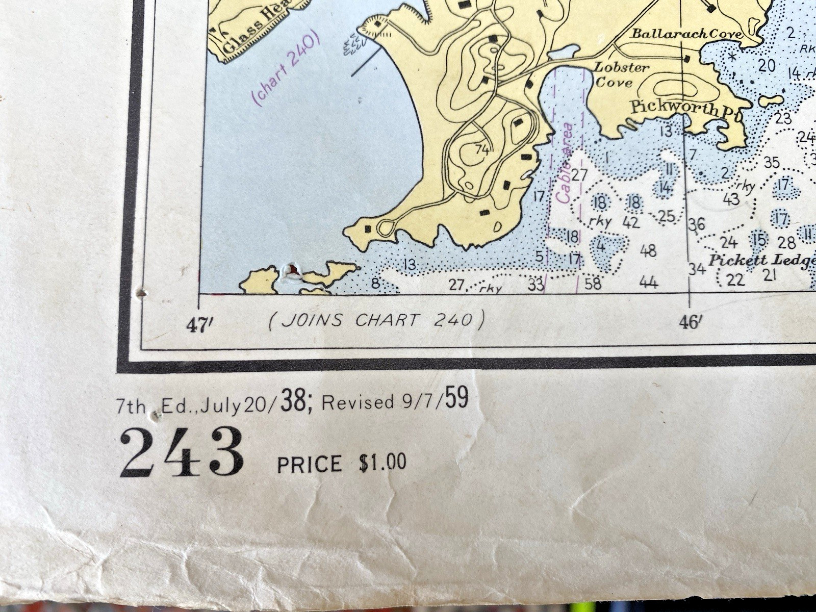1959 Mass IPSWICH BAY TO GLOUCESTER HBR color 35 1/2″x 40″ MAP G. & C.S.