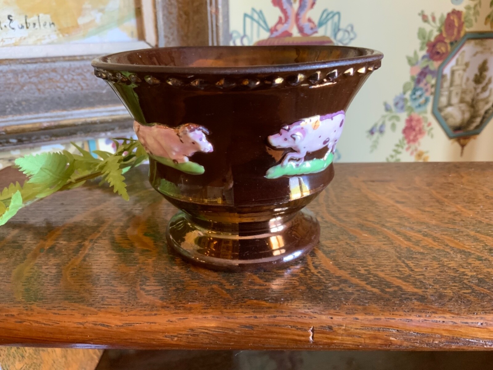 Antique English Pottery Lusterware Small Dish Copper Colored C1840s Animals