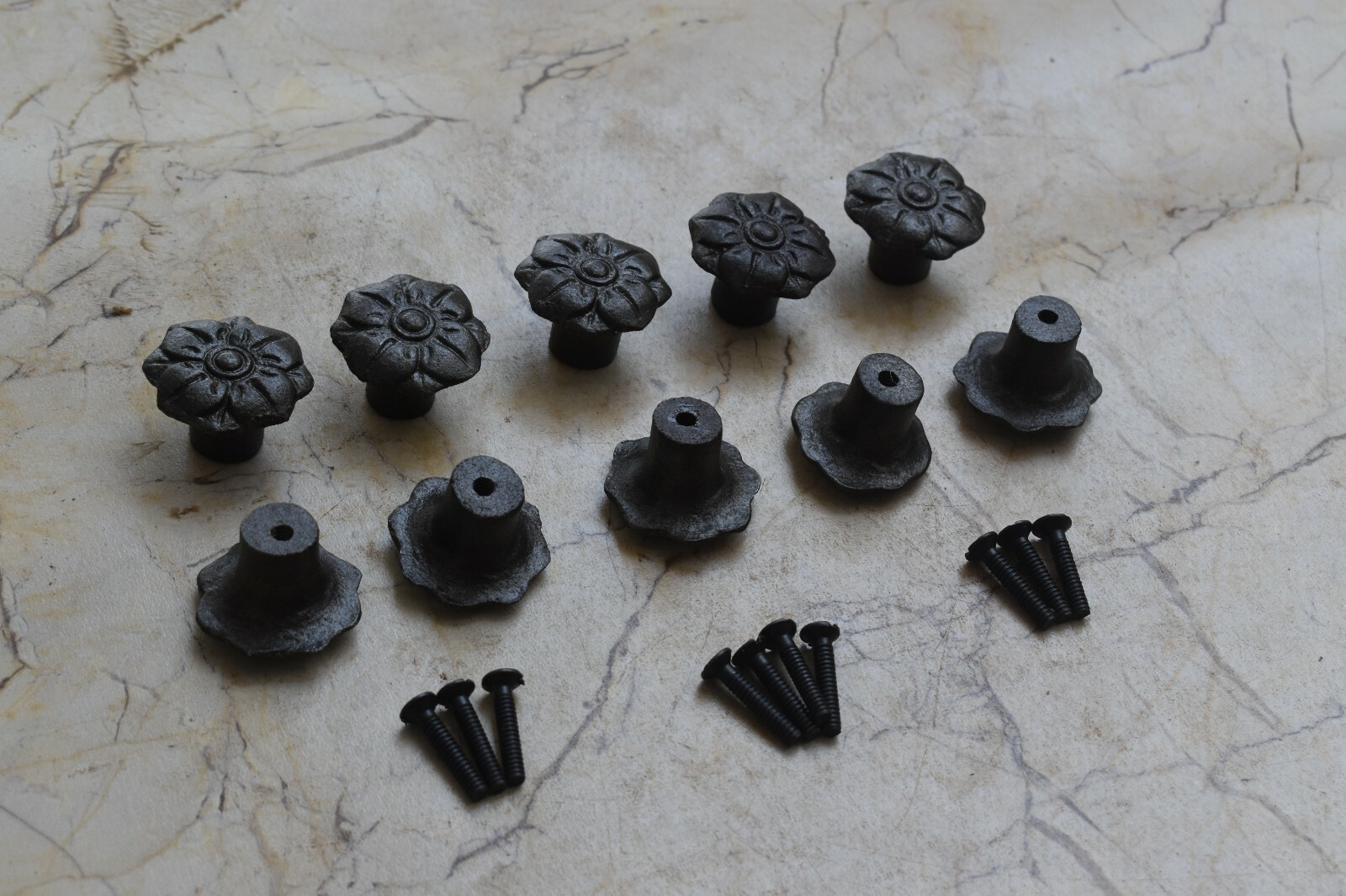 Vintage cast Iron door knobs cabinet Flower drawer handles pull rustic 10 pcs