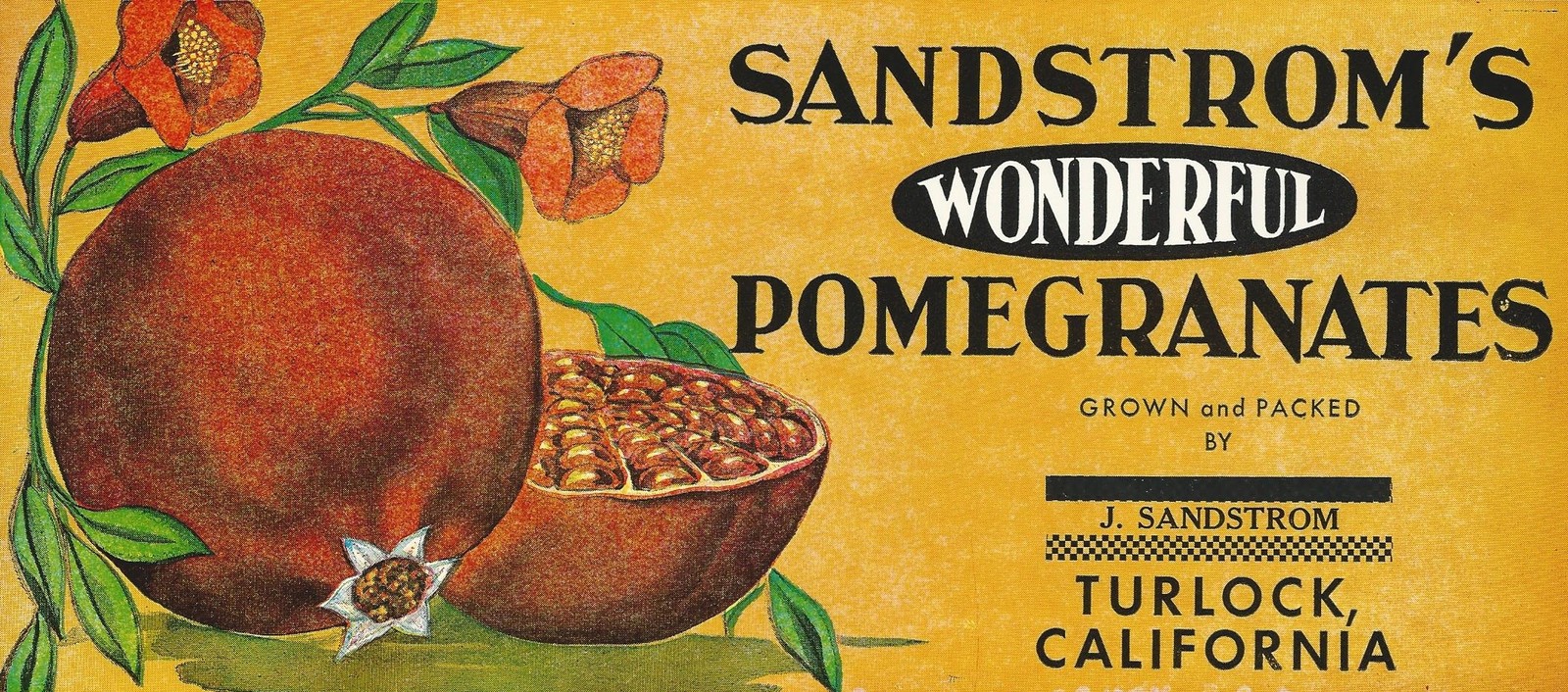 RARE OLD ORIGINAL 1930’S “SANDSTROM’S POMEGRANATES” BOX LABEL TURLOCK CALIFORNIA